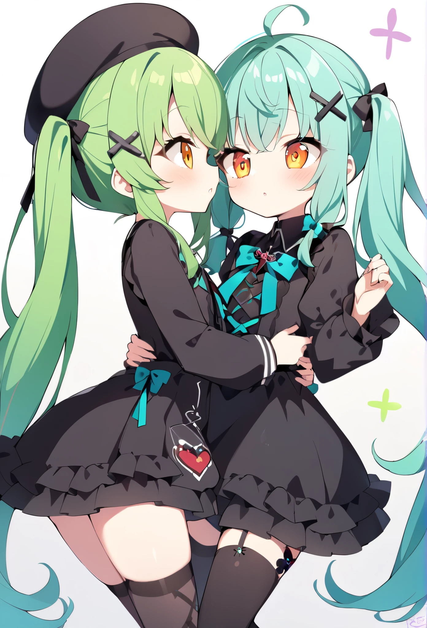 1 girl, cute, young, green hair, long hair with fluffy shaggy、Twin Pigtails、beret with ribbon、, Orange Eyes , (Cross hairpins on bangs×3)、(Eye contact lenses with large cross marks in the eyes)、 gothic dress, thigh high ,