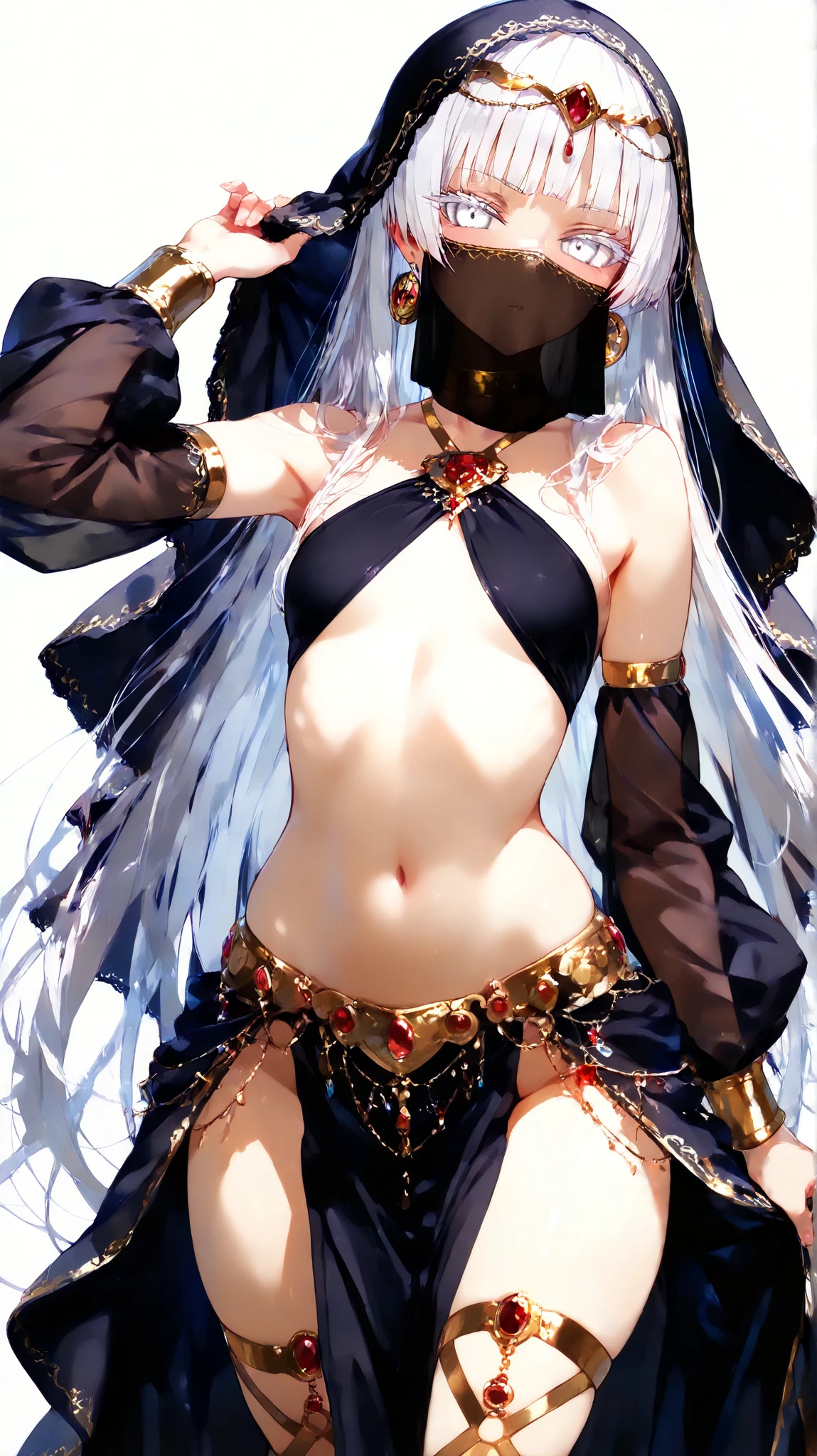 (striped veil covering the whole head), all white, slim body semi-covered by Egyptian technological clothing based on the sphinx, Neon Genesis Evangelion style, cyberpunk, lots of gold and ruby jewelry, action pose, ((Best quality)), ((masterpiece)), (detailed: 1.4), (Absurd), (((super defined eyes)))), Powerful Egyptian woman ready for war, perfect body, dark tanned bright skin, cleoopatra, (((perfect ass))), shoulder pad of the Anubis, ((head adornment that falls in two straps over the shoulders and has the part hanging over the nape of the neck tied in braid, called nemes with that of the sphinx)), defined body, bare thighs, closed mouth, only in panties, include hieroglyphics in clothing, generous neckline, ((perfect medium breasts)), (brown eyes without pupils), ((long black eyelashes)), ((heavy eye makeup)), ((Black stroke coming out of the corner of the eyes)), ((clothing in red and black and white colors)), ((Egyptian designs on the arms)), Egypt, Tutankhamun mask, Pharaoh, Bastet, Anubis, short underwear, garter belt, by mucha, niji --V5, close to real, psychopath, crazy face, sexy pose, inside a pyramid, 2 pieces clothing, centered, scale to fit the dimensions, HDR (High Dynamic Range),Ray Tracing,NVIDIA RTX,Super-Resolution,Unreal 5,Subsurface Dispersion, PBR Texture, Post-processing, Anisotropic filtering, Depth of field, Maximum clarity and sharpness, Multilayer textures, Albedo and specular maps, Surface shading, Accurate simulation of light-material interaction, Perfect proportions, Octane Render, Two-tone lighting, Wide aperture, Low ISO, White balance, Rule of thirds, 8K RAW, crysisnanosuit
