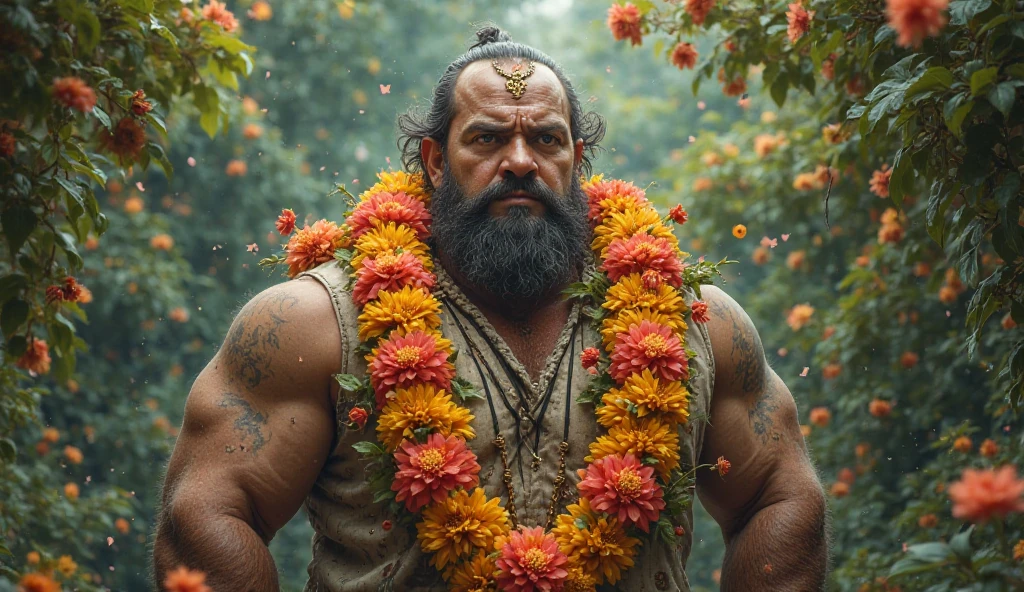 An indu maraha with a turban on his head without a shirt a macaw on a shoulder full length obese bodybuilder with a very oiled body a sweaty smiling old man with a shaved head and big gray mustaches extremely muscular and extremely fat over 70 years old who weighs over 600 pounds very muscular very hairy large pectorals with dark nipples gynecomastia in front of a ruined temple in the jungle wearing only a cotton skirt
