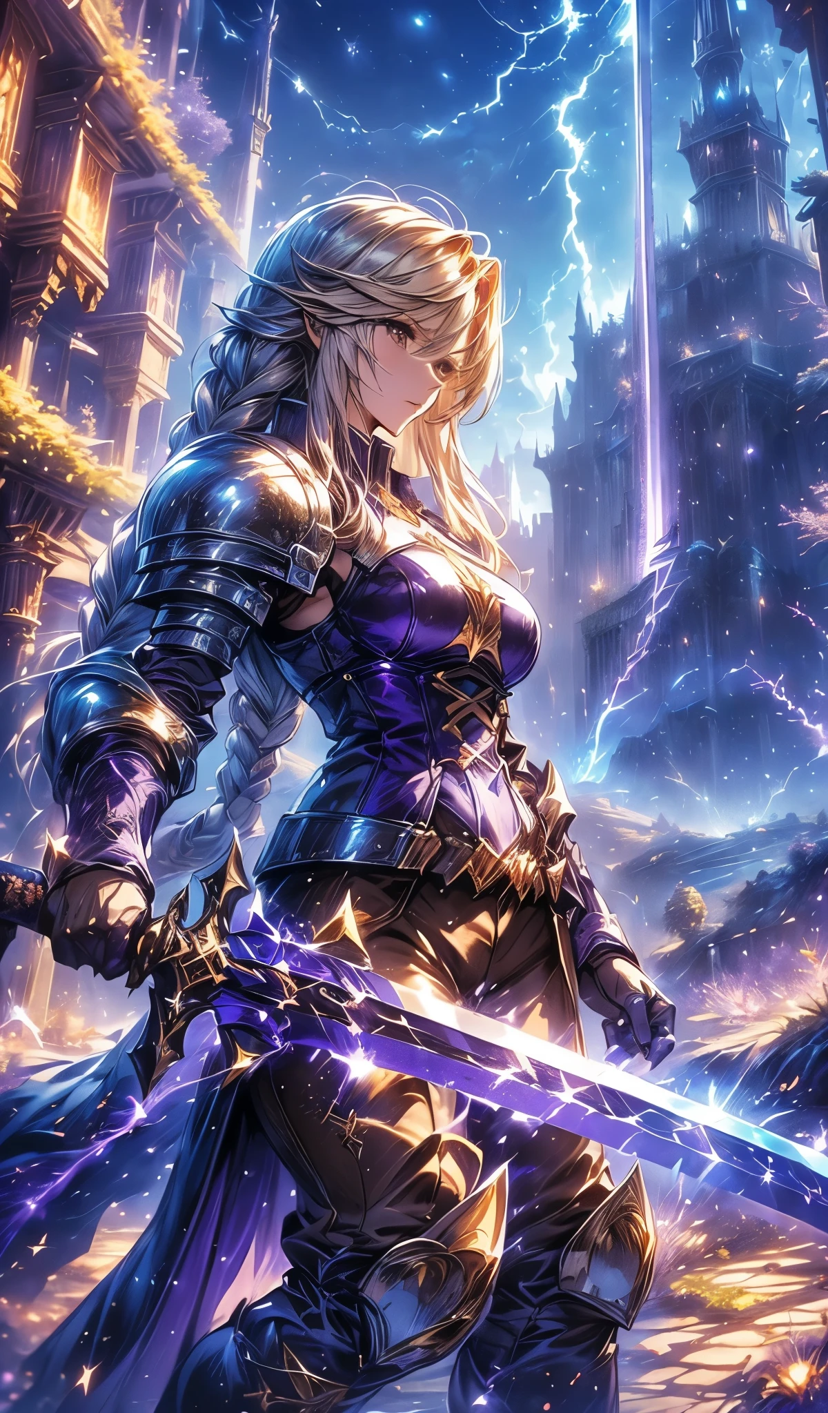 (Agrias Oaks\(Final Fantasy Tactics\),score_9, score_8_Excellent, score_7_Excellent, 32K ,detailed depiction 、 Girl Destroys with a Sword in Her Hand, Luxurious Sword, Lightning Charged Sword,, blond hair, Braided Ponytail ,brown eyes,shoulder armor, armor, corsets ,(brown pants:1.3), Knee pads, blue dress , brown gloves, pants, Cross Race Boots ,Big Breasts,Dynamic Poses Seen from Below Her Back, combat posture,dynamic angle,(\(Become, European Sword ,Purple Lightning Shines , glows blue\):1.4)\),(Purple Lightning Shinesが彼女の全身から噴出する), Female Paladin Picture , Animated Fantasy Art Destruction ,background\ long hit ,dynamic angle,Huge Art Structure Made of Extremely Sophisticated Chrome Plated Framework and Glass, 青い月と星のbackground,night sky , (alone:1.6 )(top quality)),(super high resolution),(Super Detail)