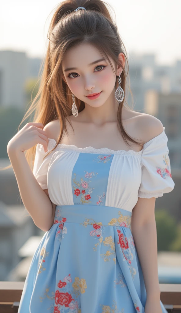 best quality, masterpiece, extremely cute and tender girl, smile, (petite:1.2), (solo:1.2), beautiful tender eyes symmetrical, (beautiful and detailed face), beautiful long twintail hair, (pastel peach hair:1.3), blunt bangs, nice hands, perfect hands, juicy fruit-inspired motif frilly dress, a lot of frills, (train station:1.2), (baggage)