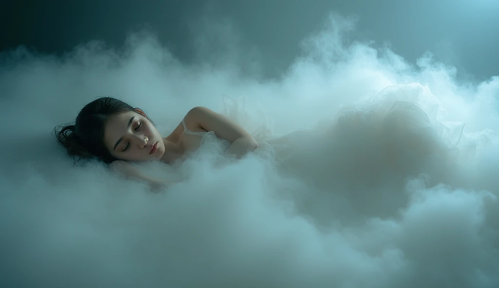 there is a woman in a white dress laying on a bed, inspired by Brooke Shaden, enveloped in ghosts, floating ghost, a stunning young ethereal figure, ghostly form, dreamy and ethereal and dark, covered with cobwebs and dust, ghost of a young girl, ghostly figure, she is floating in the air, a still of an ethereal