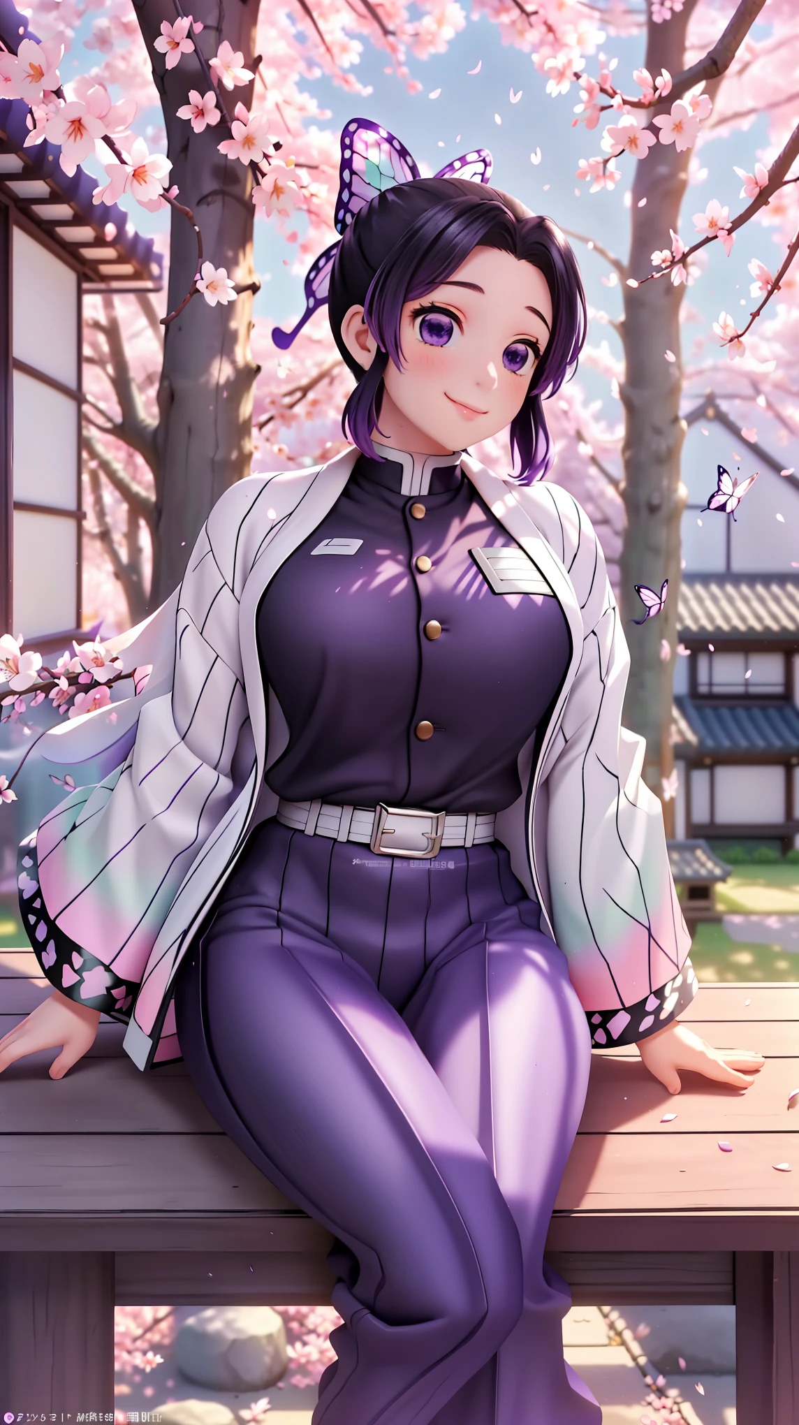 ((Top Quality)), ((Masterpiece)), (RAW Photo), Ultra HD, High Resolution, Very High Resolution, Vibrant Color:1.5, ShinobuKochou_NDV, 1girl, purple eyes, black-purple hair, Very Big Breasts, Very Big Ass, japanese clothes, demon slayer uniform, butterfly hair ornament, belt, black pants, black jacket, a beautiful young woman with a purple theme, sitting in the courtyard in front of a traditional Japanese wooden house, gazing at blooming sakura (cherry blossoms) nearby, soft pink petals gently falling in the breeze, warm sunlight illuminating the scene, intricate wooden textures of the house visible in the background, a well-kept garden with stone paths and patches of grass around her, her expression a gentle and happy smile as she admires the beauty of the sakura, striking an alluring pose with one hand resting on her knee and the other subtly adjusting her jacket, revealing a glimpse of her purple undergarments beneath the slightly parted uniform, her black-purple hair flowing softly with the butterfly ornament catching the light, a faint breeze rustling the sakura trees nearby, slightly blurred background for depth, camera positioned at a slight angle to emphasize her enchanting presence, the atmosphere calm yet captivating, perfectly blending grace, beauty, and a touch of mystique in a serene purple-toned scene.