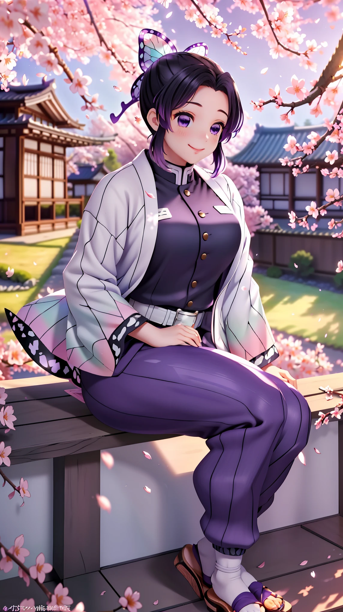 ((Top Quality)), ((Masterpiece)), (RAW Photo), Ultra HD, High Resolution, Very High Resolution, Vibrant Color:1.5, ShinobuKochou_NDV, 1girl, purple eyes, black-purple hair, Very Big Breasts, Very Big Ass, japanese clothes, demon slayer uniform, butterfly hair ornament, belt, black pants, black jacket, a beautiful young woman with a purple theme, sitting in the courtyard in front of a traditional Japanese wooden house, gazing at blooming sakura (cherry blossoms) nearby, soft pink petals gently falling in the breeze, warm sunlight illuminating the scene, intricate wooden textures of the house visible in the background, a well-kept garden with stone paths and patches of grass around her, her expression a gentle and happy smile as she admires the beauty of the sakura, striking an alluring pose with one hand resting on her knee and the other subtly adjusting her jacket, revealing a glimpse of her purple undergarments beneath the slightly parted uniform, her black-purple hair flowing softly with the butterfly ornament catching the light, a faint breeze rustling the sakura trees nearby, slightly blurred background for depth, camera positioned at a slight angle to emphasize her enchanting presence, the atmosphere calm yet captivating, perfectly blending grace, beauty, and a touch of mystique in a serene purple-toned scene.