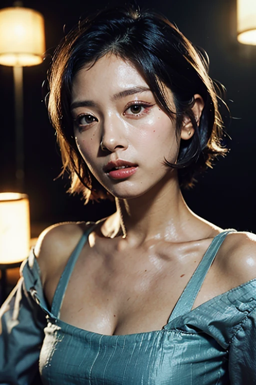 (Best quality, 8k, 32k, Masterpiece, UHD:1.2),Photo of Pretty Japanese woman, 1gril,black short hair,small breasts,(detailed white loose t-shirt:1.2),denim pants,necklace,(detailed blue lace bra:1.1),(leaning forward:1.8),looking at viewer,pov,looking down,across table,(hands on table:1.1),smile,in cafe,upper body, all fours,