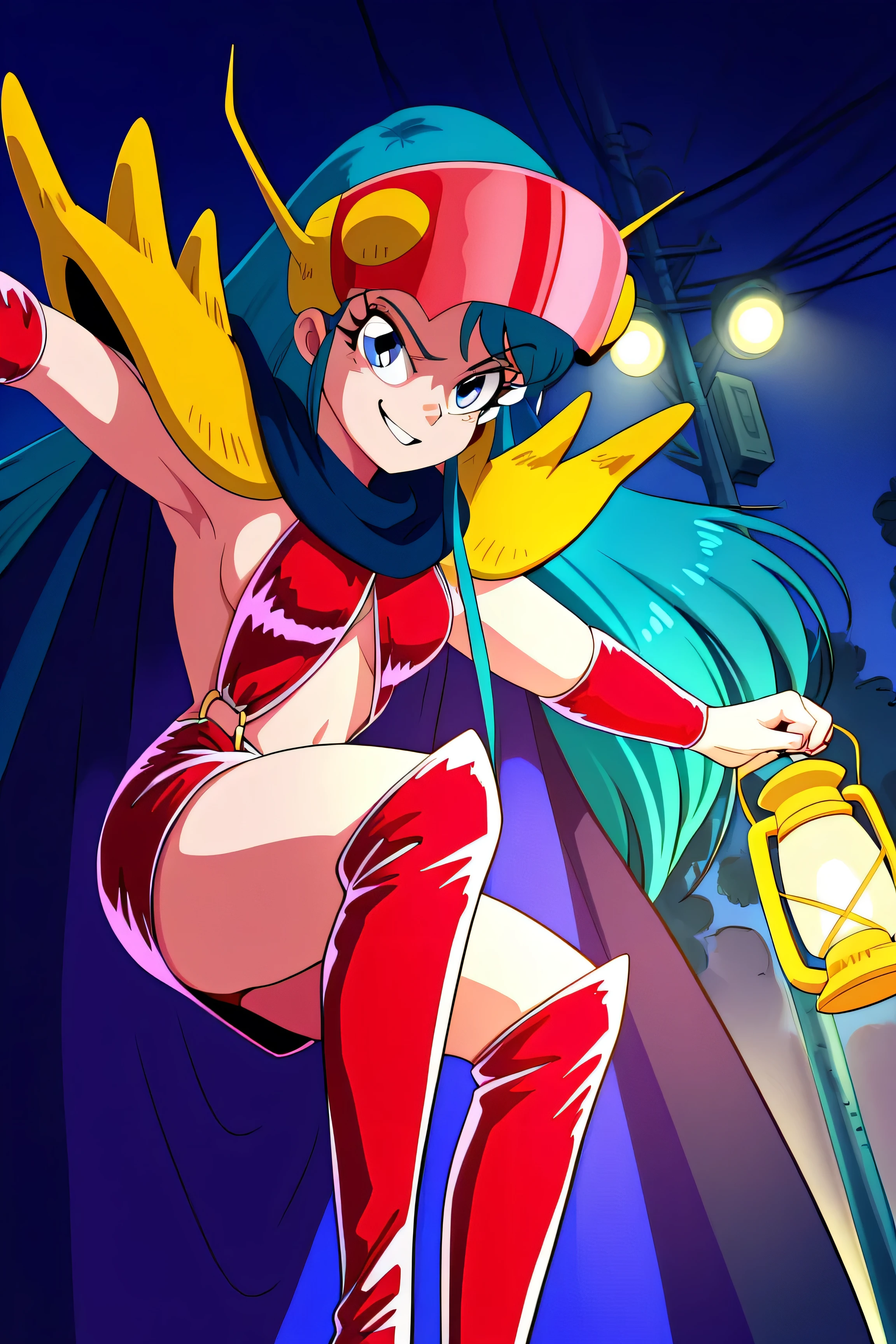 masterpiece, Best Quality, very aesthetic, Absard Dress, 1 girl crouching, Alone,,,Stand in front,low angle,beautiful body,beautiful hands, beautiful legs,from below,looking at viewer,
Kuki_king, Onyomiko , Lantern, long hair, blue eyes, chest,
head mounted display, hair ornaments close to the garden, yellow shoulder pad, Blue Cloak, red bikini armor, sideboob, Red Armrest , midriff, belly button, throw,is watching viewers,, bring their hands to their mouths,,Beautiful Hands and Feet,thighhigh boots,low angle,Shadowy Face(An eye in the shadows),most evil smirk,cyber night city background,