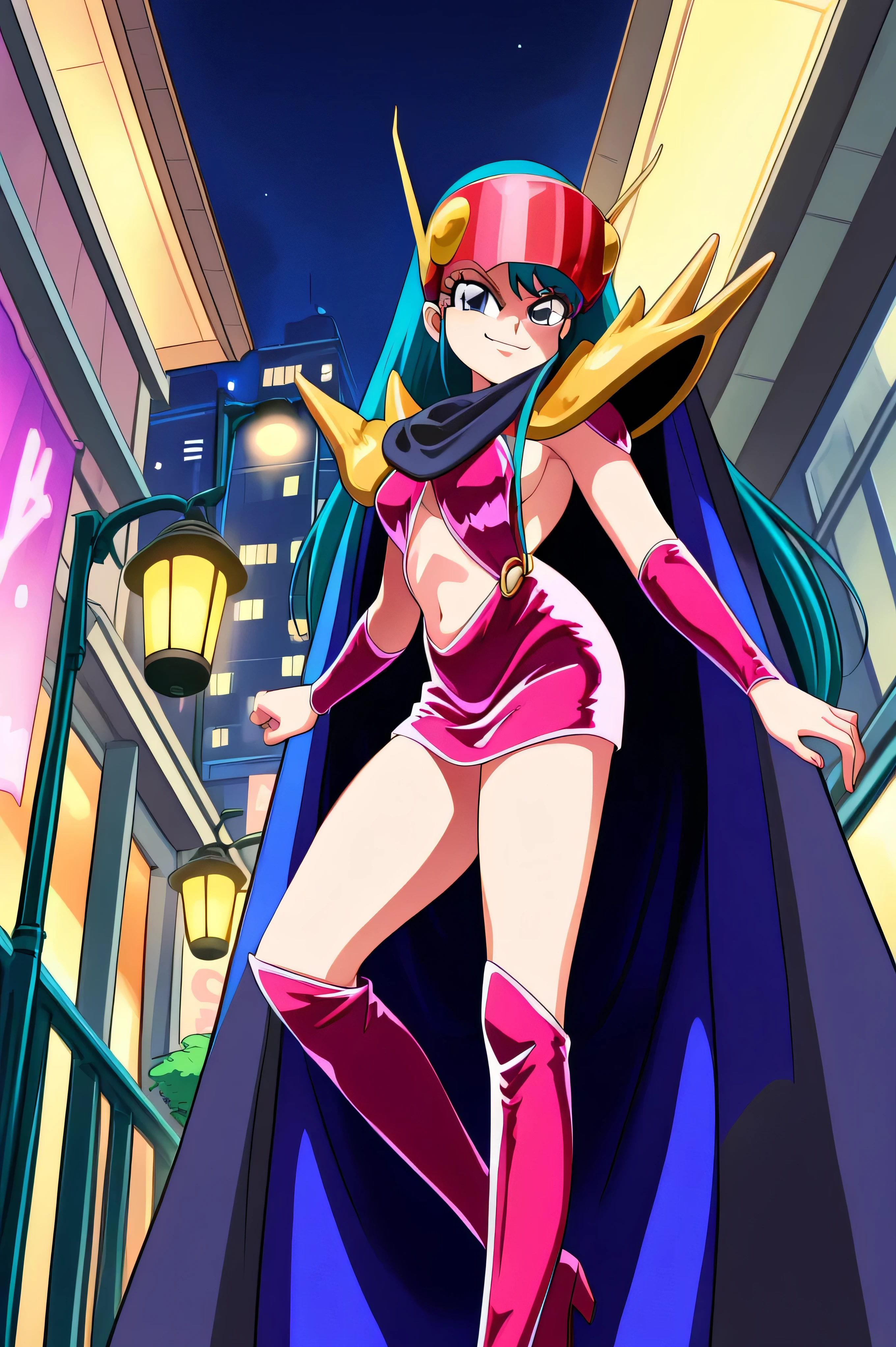 masterpiece, Best Quality, very aesthetic, Absard Dress, 1 girl crouching, Alone,,,Stand in front,low angle,beautiful body,beautiful hands, beautiful legs,from below,looking at viewer,
Kuki_king, Onyomiko , Lantern, long hair, blue eyes, chest,
head mounted display, hair ornaments close to the garden, yellow shoulder pad, Blue Cloak, red bikini armor, sideboob, Red Armrest , midriff, belly button, throw,is watching viewers,, bring their hands to their mouths,,Beautiful Hands and Feet,thighhigh boots,low angle,Shadowy Face(An eye in the shadows),most evil smirk,cyber night city background,
