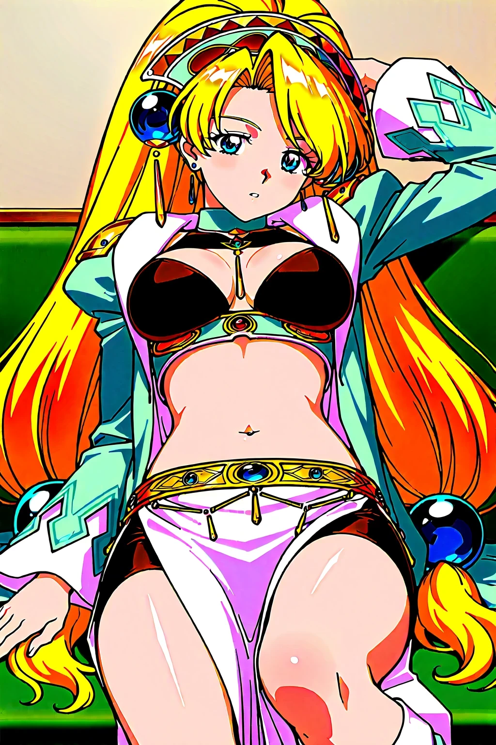 "(masterpiece:1.1), best quality,
1girl, (80s anime style:1.4), (eyelashes:1.5),(:1.2),
(intricate high detailed body:1.2),
aqua hair,
(forehead:1.2), short blunt bangs, (short hair, wavy hair:1.1), (tiara:1.2),
green eyes, (gothic makeup, red lip stick, eye shadow:1.1),
(pale skin:1.3), (large breasts:1.1),
expressionless, open mouth,
(lace leotard armor, criss-cross halter:1.2),
(ribbon:1.1), (streaked hair:1.2), bracelet,
standing, hand on hip,
(cowboy shot, looking at viewer, from front:1.1),
(simple white background:1.2)"