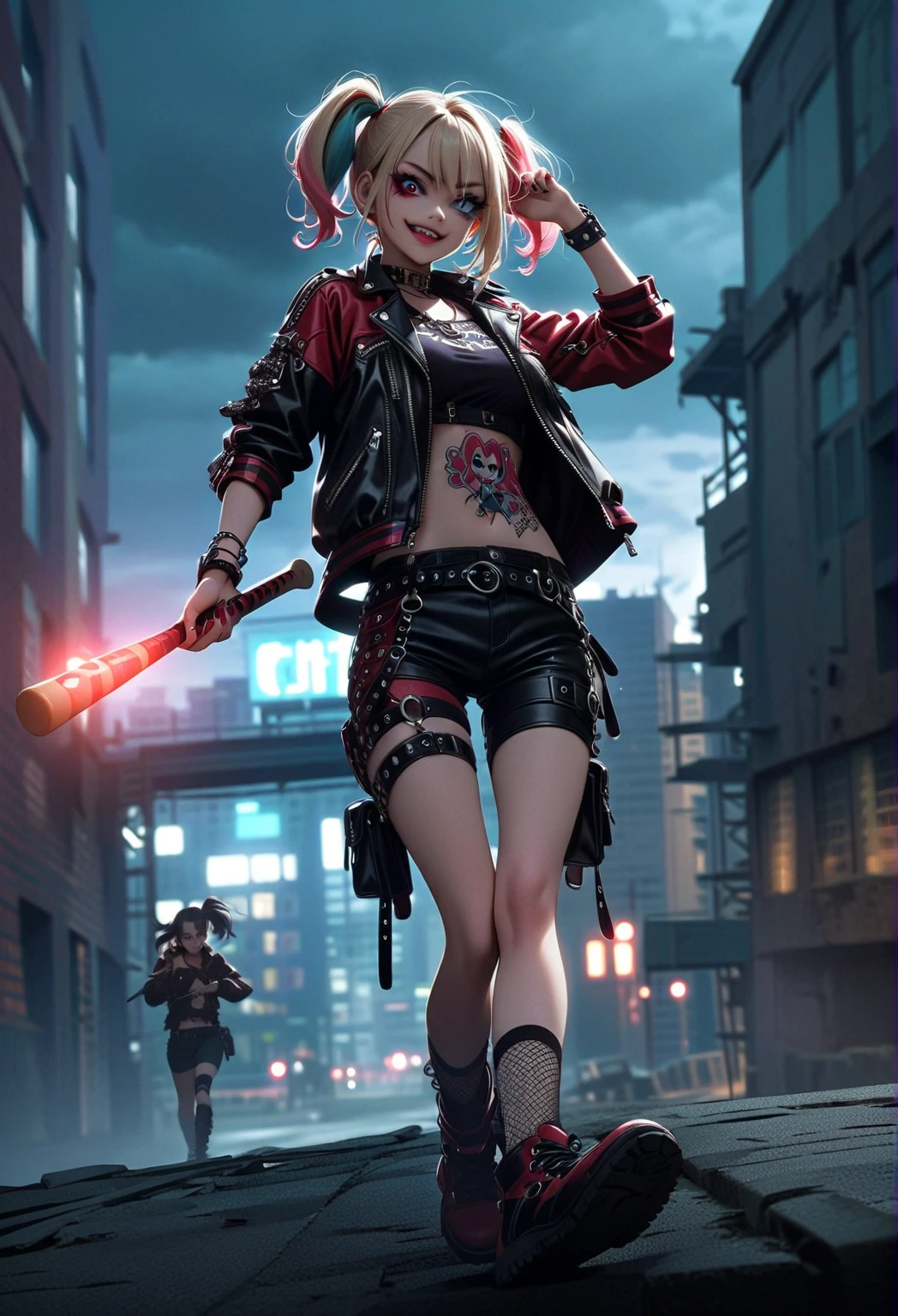 (masterpiece:1.3), (best movie quality:1.2), (medium:cartoon), (best quality),Harley Quinn standing on the roof of a city building,Dark and dramatic atmosphere,focus blur,city skyline in background,Dark clouds gather overhead,Vibrant and contrasting colors,ominous lighting,Red and black embellishments,Eye makeup smudge,Weird and naughty expression,Smiling threateningly,holding baseball bat,Abandoned buildings,wind blown hair,Leather jacket and shorts,Fishnet socks,Colorful double ponytail,Punk fashion,The air is filled with secrets and mysteries.