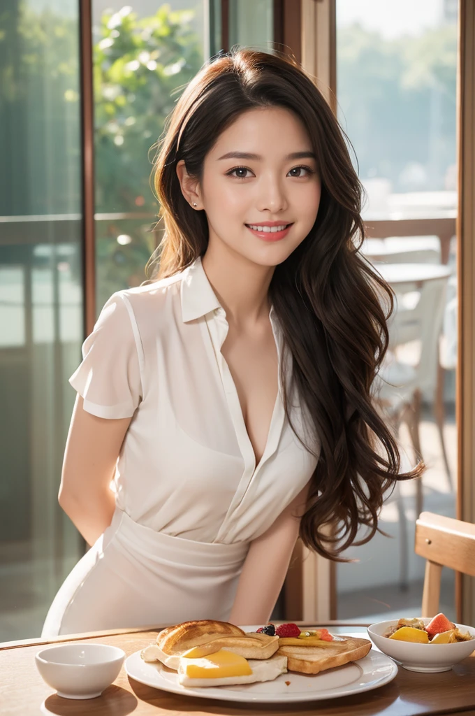 ((best quality, 8K, masterpiece: 1.3)), beautiful woman, pure, melon face, kind and cute, sweet smile, pure desire, slender body, (((Random body direction))), (tilted head), ((looking at camera)), pure desire, wearing a random color short blouse with skirt, black silky long hair, long flowing shoulders, round black big eyes, clear big eyes, moist red lips, sweet, sitting in a lounge, The setting light in old cafe background, 28 years old, ((chest to head shot)),