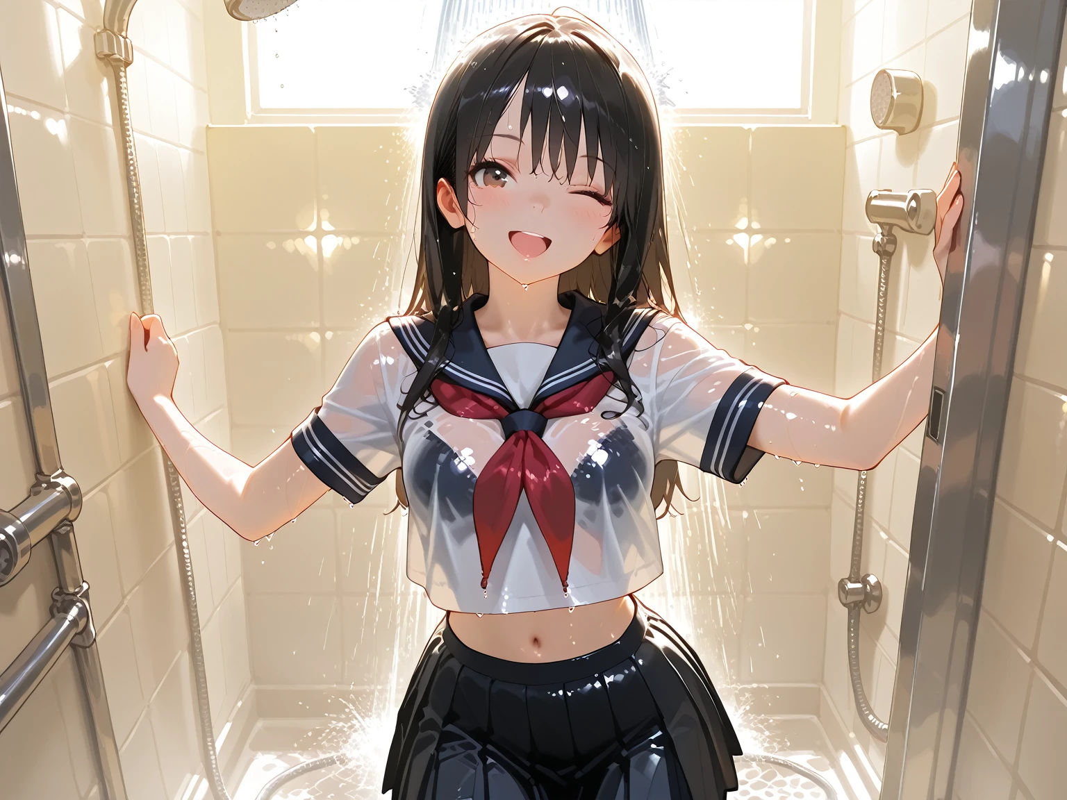 1girl, may \(dragon ball\), dragon ball, Highest quality, Super detailed, masterpiece, Ultra-high resolution, 8K, Embarrassing, blush, Lovely, Close one eye, With tears in her eyes and her mouth open, drooling, (arms behind head), wariza, (off-shoulder sailor uniform, micro mini skirt), out, crop top navel, medium breasts,te area, Waistline, (Shower room, I take a shower)