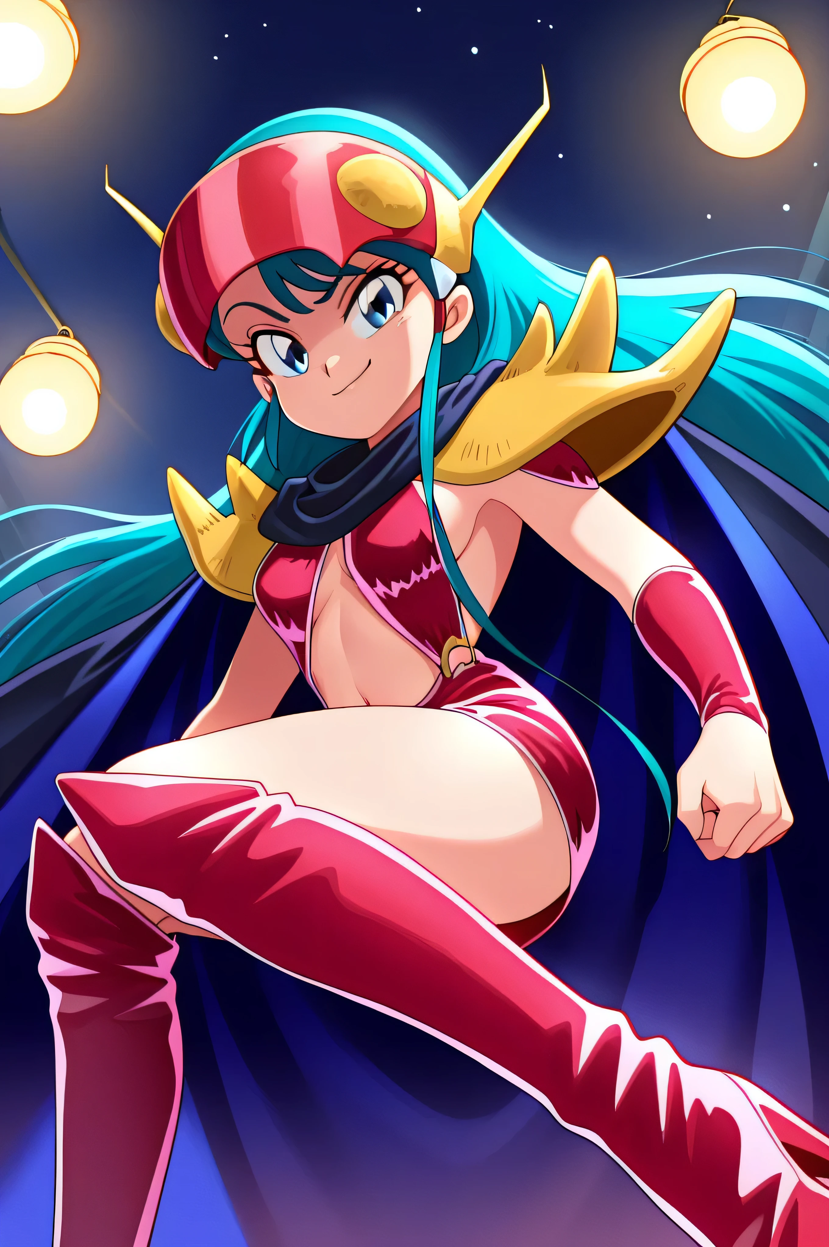 masterpiece, Best Quality, very aesthetic, Absard Dress, 1 girl crouching, Alone,,,Stand in front,low angle,beautiful body,beautiful hands, beautiful legs,from below,looking at viewer,
Kuki_king, Onyomiko , Lantern, long hair, blue eyes, chest,
head mounted display, hair ornaments close to the garden, yellow shoulder pad, Blue Cloak, red bikini armor, sideboob, Red Armrest , midriff, belly button, throw,is watching viewers,, bring their hands to their mouths,,Beautiful Hands and Feet,thighhigh boots,low angle,Shadowy Face(An eye in the shadows),most evil smirk,