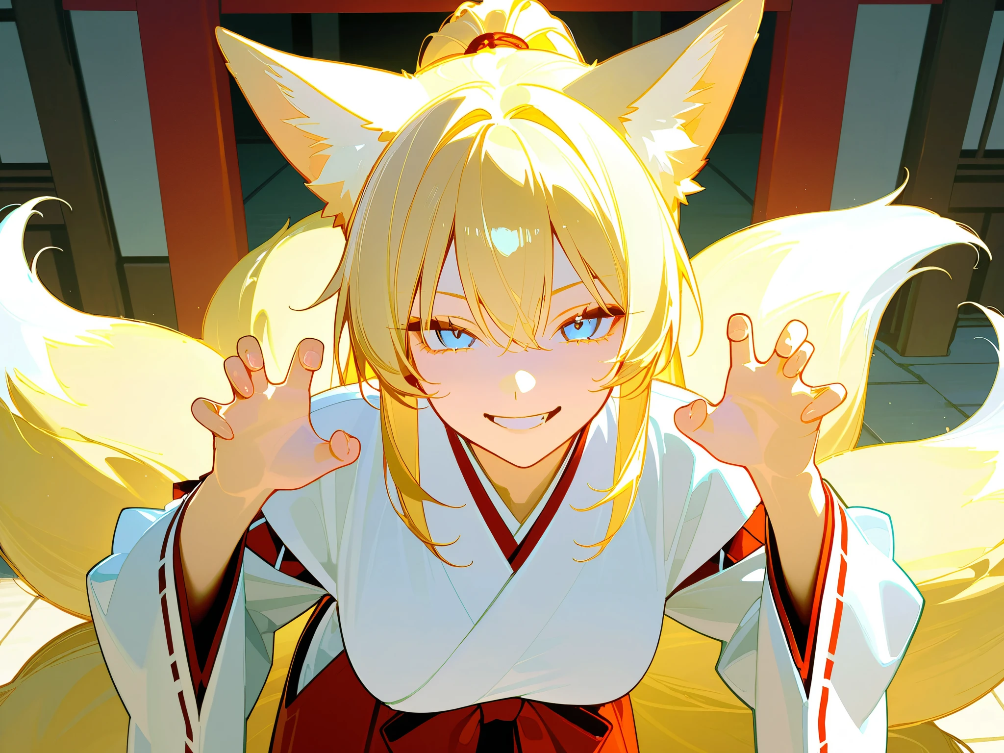 score_9, score_8_up, score_7_up, score_6_up, score_5_up, (masterpiece, best quality), ultra detailed, photorealistic, masterpiece, best quality, high resolution, 1girl, medium breast, clothed shrine maiden outfit, red hakama (e.g. worn by miko, or noblewomen at court), blond long ponytail, fox ears, blue eyes, claw pose, in the shrines of japan, nine-tailed kitsune (fox spirit, kitsune are said to be more powerful the more tails they have), naughty face, evil smile, 
