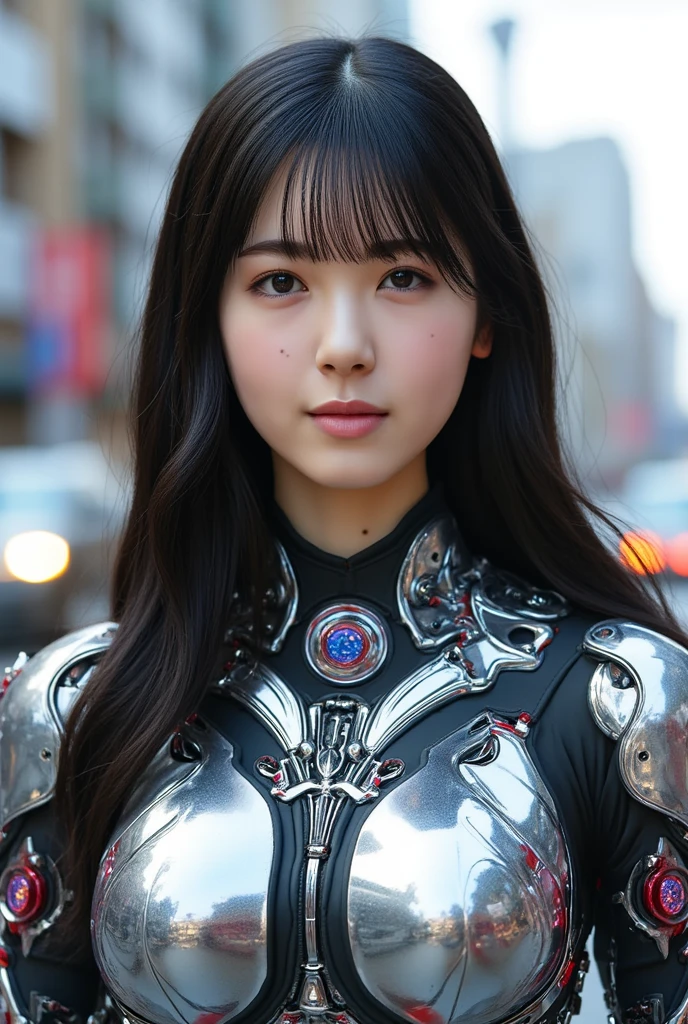 Masterpiece, 1 Beautiful Girl, Detailed, Swollen Eyes, Top Quality, Ultra High Resolution, (Reality: 1.4), Original Photo, 1Girl, Cinematic Lighting, Smiling, Japanese, Asian Beauty, Korean, Clean, Super Beautiful, Little Young Face, Beautiful Skin, Slender, Cyberpunk Background, (ultra realistic), (high resolution), (8K), (very detailed), (best illustration), (beautifully detailed eyes), (super detailed), (wallpaper), (detailed face), viewer looking, fine detail, detailed face, pureerosfaceace_v1, smiling, 46 point slanted bangs, looking straight ahead, neat clothes, black colored eyes, silver armor, armor, short navy blue skirt, hair color red, body facing front,