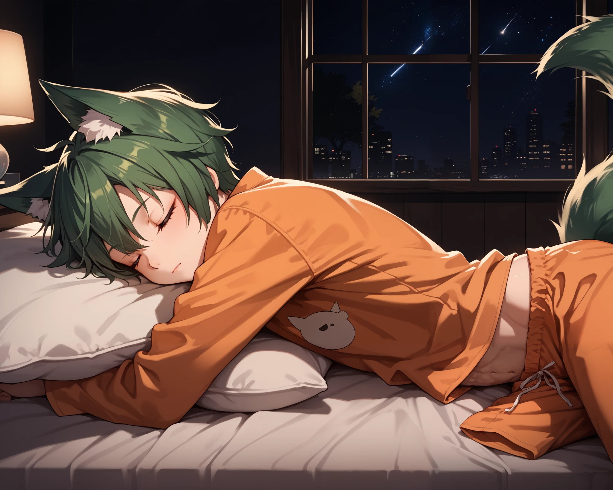score_9_up, score_8_up, score_7_up, 1boy, solo, source_anime, Beautiful eyes, ((sfw, rating:general)), kemonomimi, young boy, , fox ears, fox tail, green tail, green hair, short hair, closed eyes BREAK
Orange pajamas, orange pants BREAK
Sleeping, closed mouth, lying from side, on bed, indoors, bedroom, night sky, window