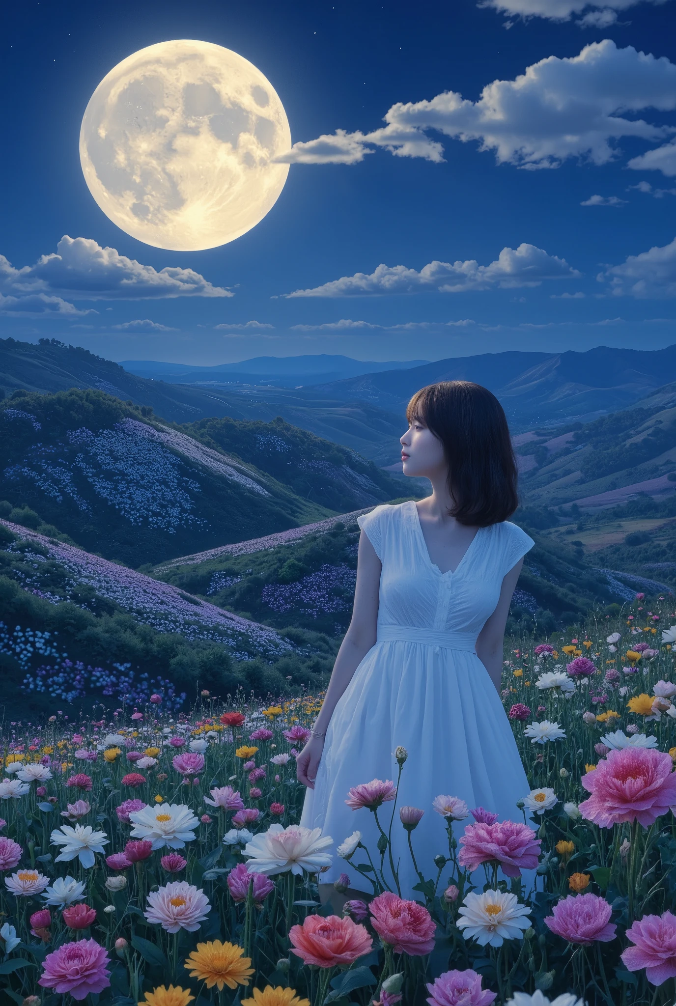 Create an image of a stunning 20-year-old Japanese girl with fair skin stands gracefully in a moonlit flower field. She has medium-length straight hair with parted bangs, and she wears a white summer dress. The background features a stunning patchwork of flowers sprawling across the hills, illuminated by the enchanting glow of a large moon, creating a magical atmosphere.