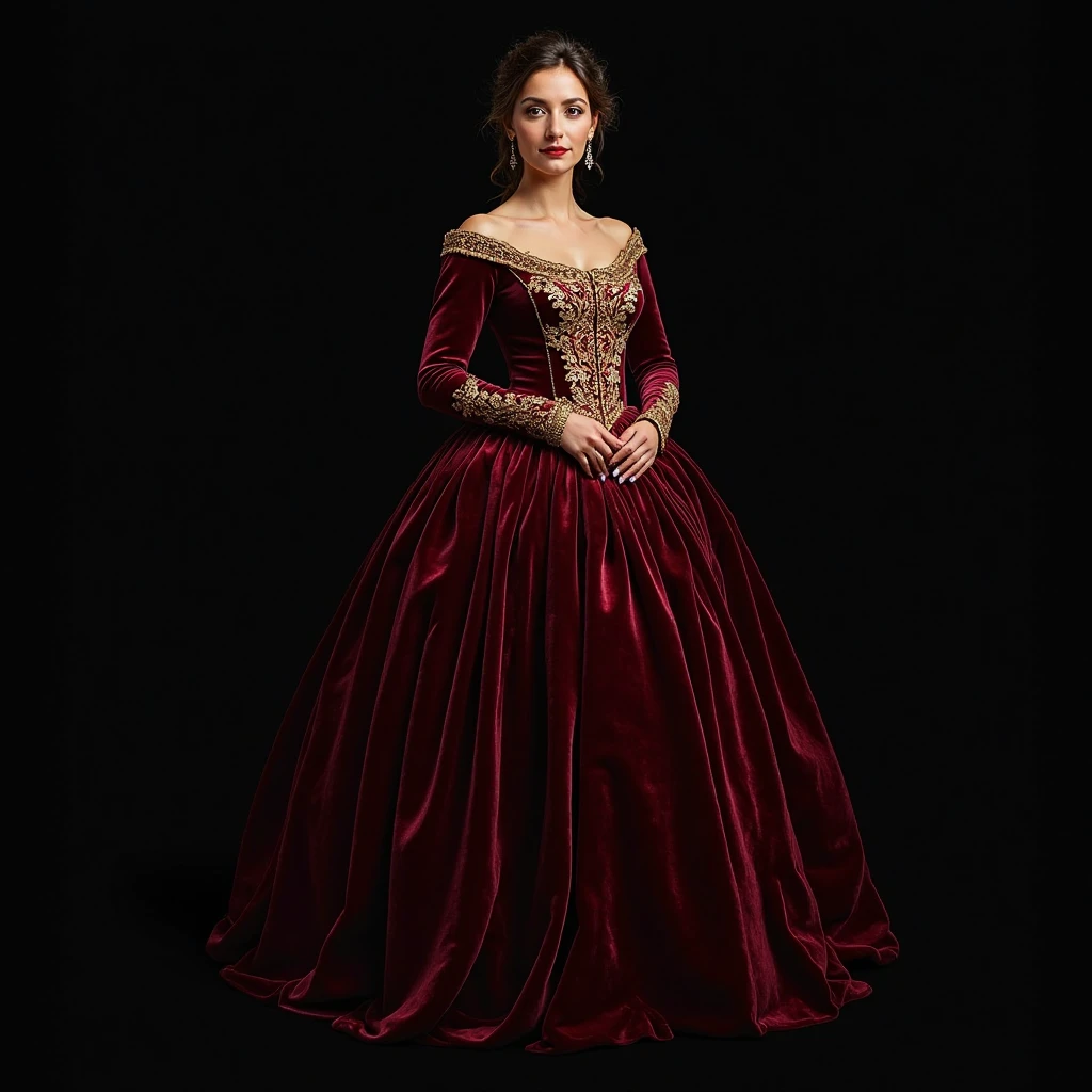 (masterpiece),(highest quality),highres, (extremely detailed), character sheet, full body, gorgeous pale elf, curvy dark brown hair, glamorous, richly embroidered brocade, hyper detailed dress, lace, photorealistic, piercing gaze, dominant look, stunning eyes, Caro Emerald, defined eyelashes, mature, jeweled dress, burgundy and gold sober dress, victorian dress, victorian floral hat, 1700s fashion, renaissance fashion, richly patterned damask, huge frills, Lykke Li