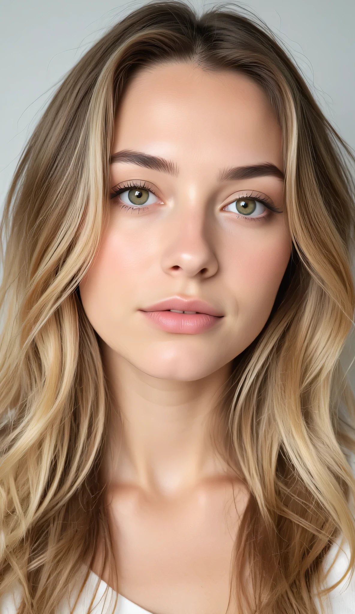 Close-up portrait of a beautiful woman 20 years old, with green eyes, and wavy blond hair. She has a neutral, slightly pensive expression, minimal makeup, and a plain background emphasizing her natural beauty. 
