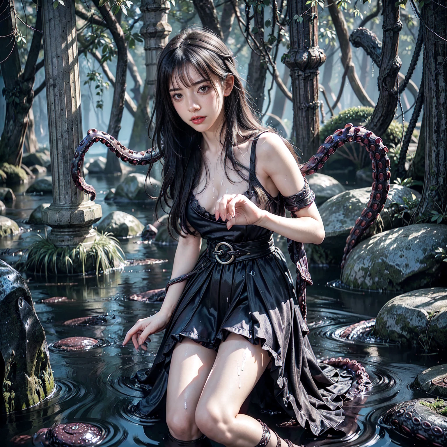 (msterpiece:1.3), (8k, RAW photo, best quality: 1.4), beautiful face, beautiful hairstyle, beautiful detailed eyes, beautiful skin, ultra high res, highly detailed,NSFW, 3 girls in abandoned underground sewer, big breast,facial close up,necklace,arms behind back,evil smile,knife,light long hair, ultra detailed skin,Heavy makeup, flower hairpin, naked,colorful patterned lace dress,half body,muddy water on ground,sitting on a big rock, dirty rock,exposed vagina,spread legs,rope,chain,bondage,