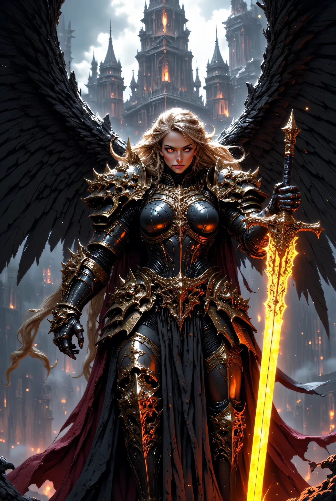 This high-quality digital artwork depicts a fierce, armored female warrior angel with long, flowing golden hair, holding an intricate glowing, runed yellow long sword. She has large, black wings and is clad in intricately designed, dark metal armor that covers her torso and arms. Her expression is determined and powerful. The background features a skyhigh dark tower with a bizarre and horrifying architecture. The camera angle is low, looking up at the female warrior angel, emphasizing her imposing presence. The depth of field is shallow, keeping her in sharp focus while the background is slightly blurred. The overall aesthetic quality is very high, showcasing excellent use of lighting and composition.