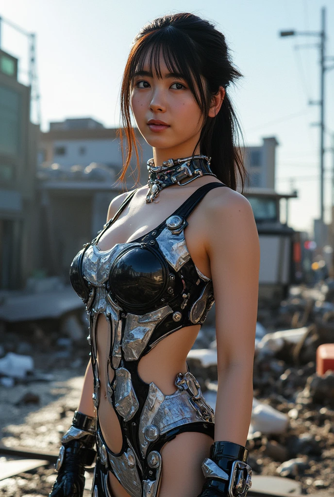 Highest quality,Very sophisticated beautiful Japanese cyborg girl, Dynamic pose in front of the destroyed low-rise buildings of Kyoto city、 Bionic body with futuristic details. (Dynamic pose in front of the destroyed low-rise buildings of the old Kyoto cityscape. Highly detailed cyborg, Bionic body with futuristic details.)