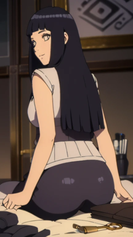 score_9, 1girl,solo, large breasts, (hinata, hyuuga hinata, purple eyes, blunt bangs, black hair) big breasts, perfect breasts, large breasts, round breasts, sexy body, slim waist, nice hips, skinny, nice thighs, short shorts, tiny shorts, micro shorts, black jean shorts, rear pov, back view, wearing short shorts, jean shorts, black bra, big ass, nice ass,
