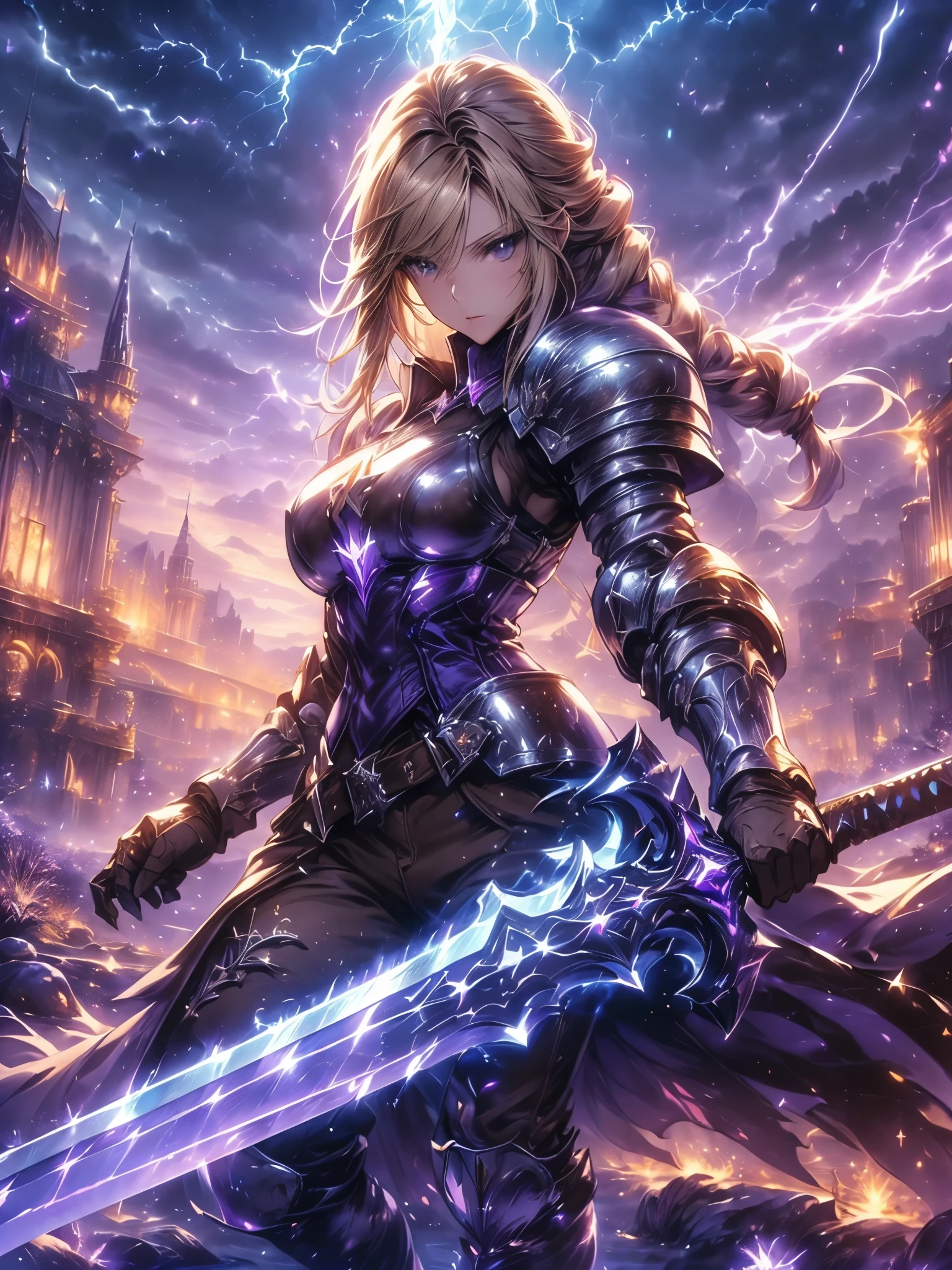 (Agrias Oaks\(Final Fantasy Tactics\),score_9, score_8_Excellent, score_7_Excellent, 32K ,detailed depiction 、 Girl Destroys with a Sword in Her Hand, Luxurious Sword, Lightning Charged Sword,, blond hair, Braided Ponytail ,brown eyes,shoulder armor, armor, corsets ,(brown pants:1.3), Knee pads, blue dress , brown gloves, pants, Cross Race Boots ,Big Breasts,Dynamic Poses Seen from Below Her Back, combat posture,dynamic angle,(\(Become, European Sword ,Purple Lightning Shines , glows blue\):1.4)\),(Purple Lightning Shinesが彼女の全身から噴出する), Female Paladin Picture , Animated Fantasy Art Destruction ,background\ long hit ,dynamic angle,Huge Art Structure Made of Extremely Sophisticated Chrome Plated Framework and Glass, 青い月と星のbackground,night sky , (alone:1.6 )(top quality)),(super high resolution),(Super Detail)