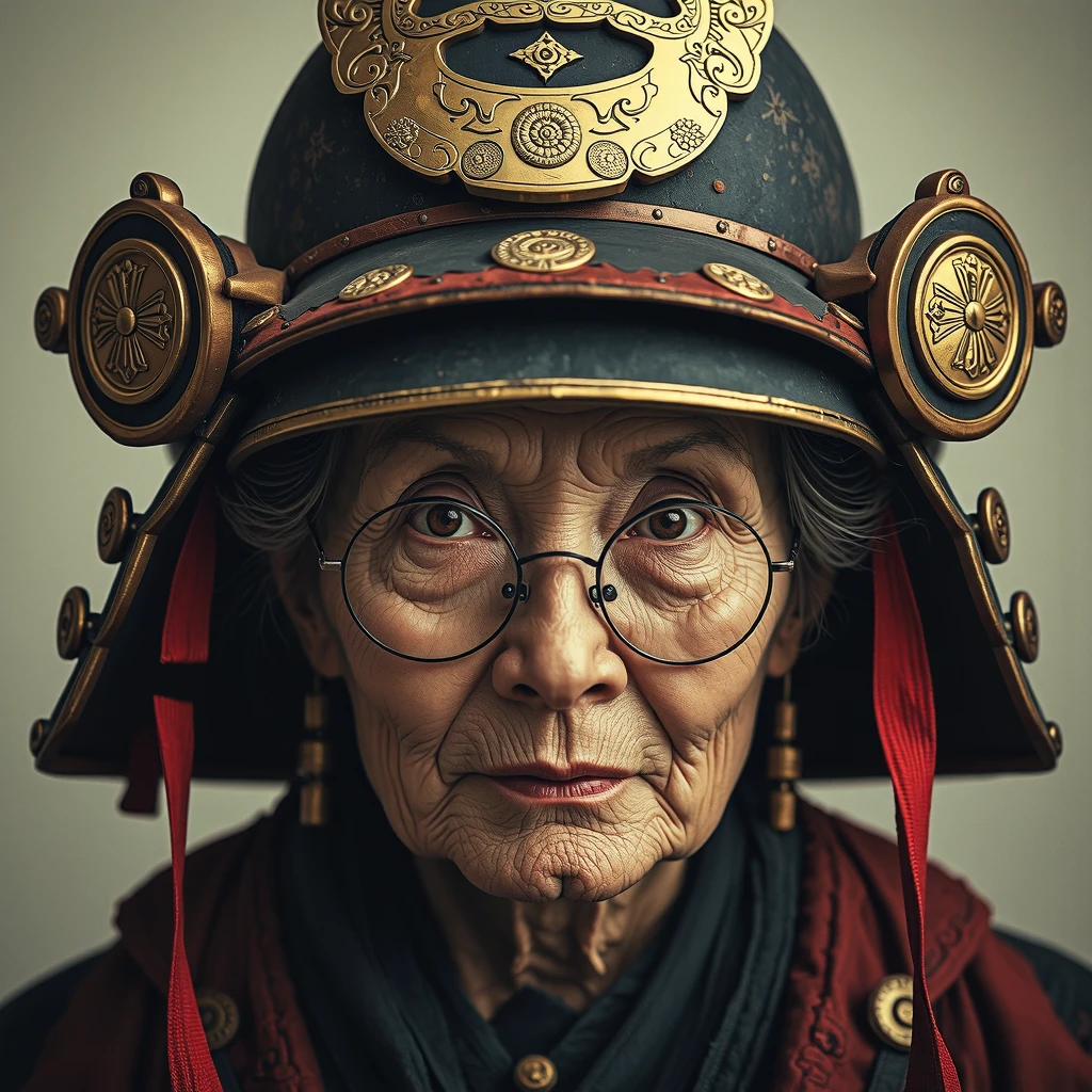 Close-up of a ((extremely beautiful old wonman warior)) , half human, half beast, their faces a bit partially obscured by military helmets. Their eyes are filled with sadness and longing. The background is a trail of blood and violence. SHe wears a mechanized robot armor, carved with animal elements, human skulls. The sky is filled with swirling, fiery clouds. The photo conveys a strong sense of the warrior's appearance