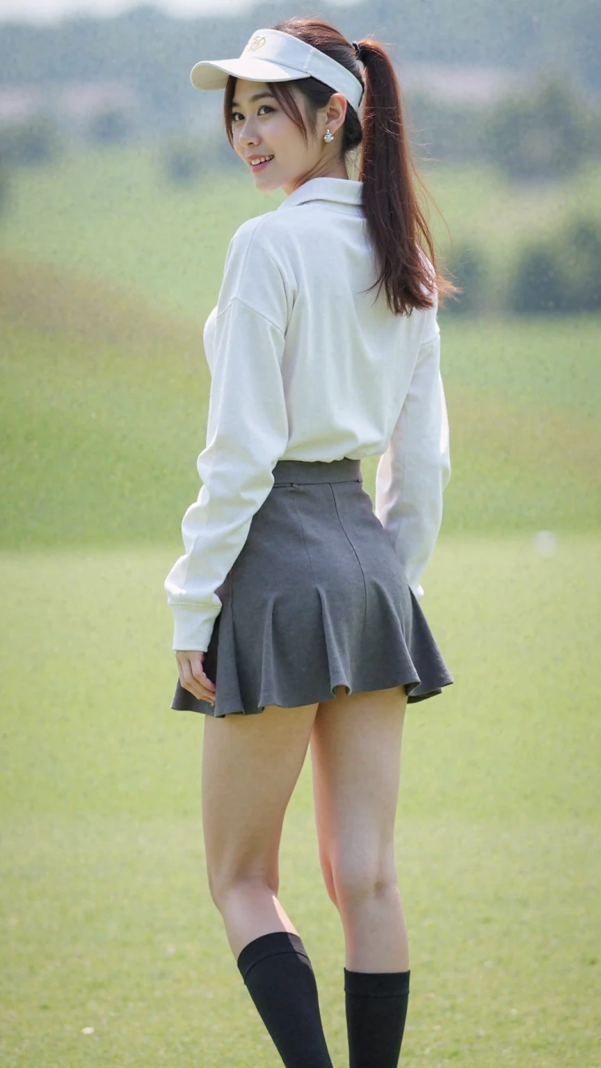 (8k, photo in RAW format, photorealism: 1.25), girl 18 years old, in casual clothes, ((rear view)), ((big breasts)), wet skin and clothes, (against the background of the park), pleated miniskirt going up the legs, ((visible under the skirt)), ((visible panties under the skirt))