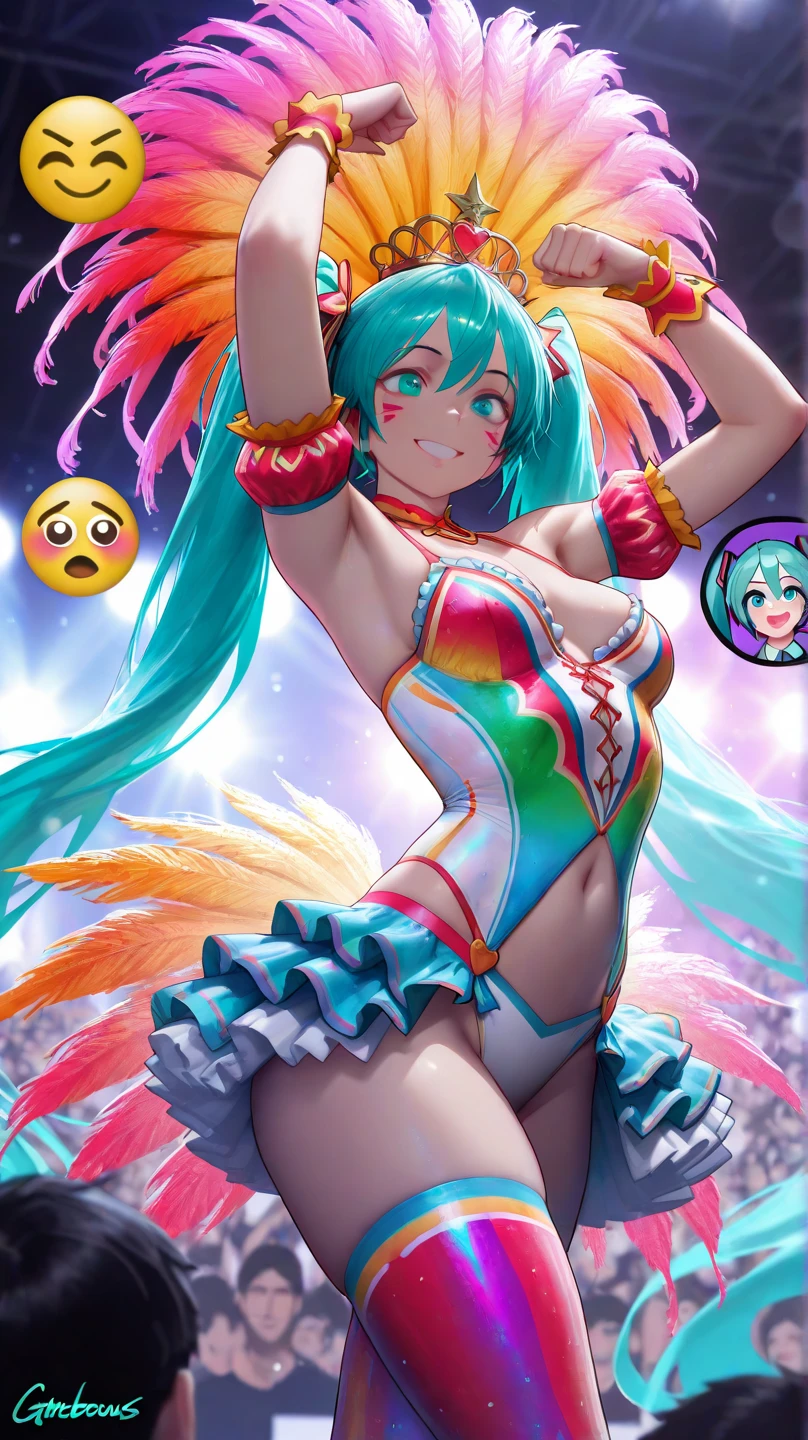 (masutepiece) (high detailing) (hight resolution) white skin and blue eyes、Humanoid girl and big human with long blue hair, blue dog ears and big fluffy dog tail . she's at the carnival、Standing on a stage in the middle of a sunny city、She wears a big rainbow feather headdress、She is wearing a rainbow sequin bikini with a rainbow flag on it.。.。. rainbow confetti rainbow feather headdress and rainbow feather feather headdress. She looks happy.