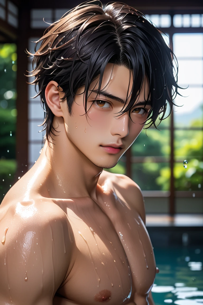 high quality, detailed, Realistic,(one 17 years old tanned japanese boys:1.5), (detailed black eyes), (black short hair), (muscle:1.2), (tanned dark brown skin), night pool, (black tiny thong), (bulge), (detailed nipples), detailed areola, best quality, 4k, 8k, highres, (masterpiece:1.2),ultra-detailed, (realistic, photorealistic, photo-realistic:1.37), wet body, (face close up:0.8),--no watch,