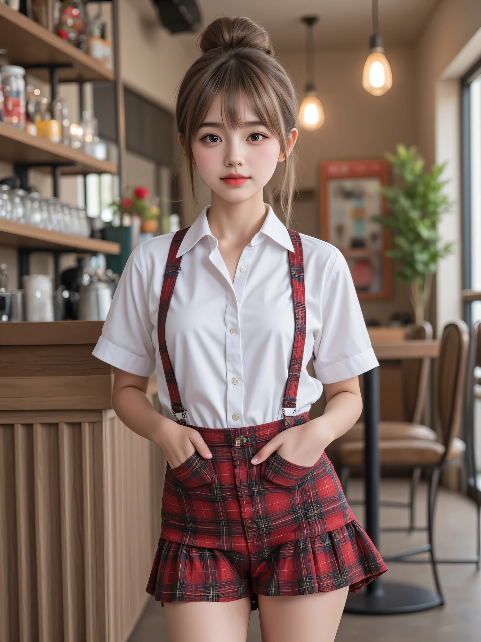 Highest quality, RAW photo, Ultra HD, 18-year-old Korean, beauty, big breasts:1.5, breast crack:1.5, healthy skin tone, fair and smooth skin, (hair bun, bow-shaped hair), ((Light brown silver hair)), beautiful eyes in various colors, thin lips, beautiful eyes with fine details, light pink blush, long eyelashes, beautiful double eyelids, eye shadow, The girl is a Cafe waiter, (((Cafe waiter uniform))), ((Unbuttoned shirt, suspenders plaid skirt, Hi-lo dress)), moderate leg thickness, focus on the legs, standing, shoot the whole body, emphasize cleavage, masterpiece, best quality, super detailed, face camera, super detailed, practical, distinctive, very detailed, sharp focus , (((full body shot, medium shot))), perfect face shape, perfect eyes with perfect symmetry, perfect plump lips, flexible female form, film, light, super detailed, super practical, masterpiece, atmospheric, high resolution, dynamic, dynamic studio lighting, ((The girl is standing in (Super detailed cafes, Coffee utensils are displayed on the bar, and various desserts and coffee are placed on the table) The shop is crowded with customers background)), slightly leaning front with chest out, patient happy expression, straight bangs, blue eyes, nude, sexy Evoking expressions, ((low-cut Waitress uniform, low-cut maid outfit, Unbuttoned shirt, tight mini skirt)), (sidelocks), multicolored hair, gradient hair, two-tone hair