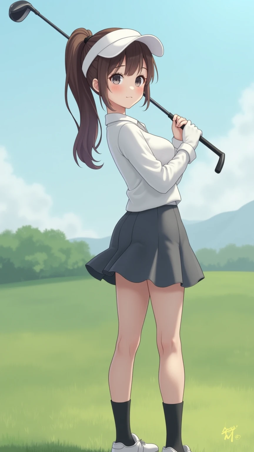 nsfw, (masterpiece, top quality, best quality, highly detailed:1.6), extremely detailed CG unity 8k wallpaper, strong facial expression, (sharp eye:1.2), (scowl:1.1), (embarrassed, blush:1.3), (steam:1.8), (wet:1.2), (sweat:1.1), (trembling:1.3), (open mouth, wavy mouth:1.4), (harf open eyes:1.5), (feeling weak:1.5), (shoot from front, looking at viewer:1.2), (leaning forward,close knees, hands between legs, pee running down legs:2), (((clutching crotch))), (golf course, Vivid Colors visor:2), (woman, outdoor, Golfer:1.4), (long hair, brown hair, ponytail:1.5), (woman trembling with sexual climax:1.5), colorful, full body, wide shot, perfect composition, urination, incontinence, piss, peeing self, A lot of pee, pee running down legs, (((pee stream))), (pee puddle), wetting herself, pee stain, peeing, blush, trembling, embarrassed, large breasts, Yellow pee, ((leaking pee)), Shaking one's shoulders, Breaking a sweat on forehead, puddle of pee, Pee at your feet, Pee spread on the floor, Pee stains, Dripping pee between my legs, Feet wet from pee, Pee-covered feet, Pee at your feet, want to pee, about to pee, Full bladder, Pee-soaked skirt, Pee-soaked shoes, natural makeup,