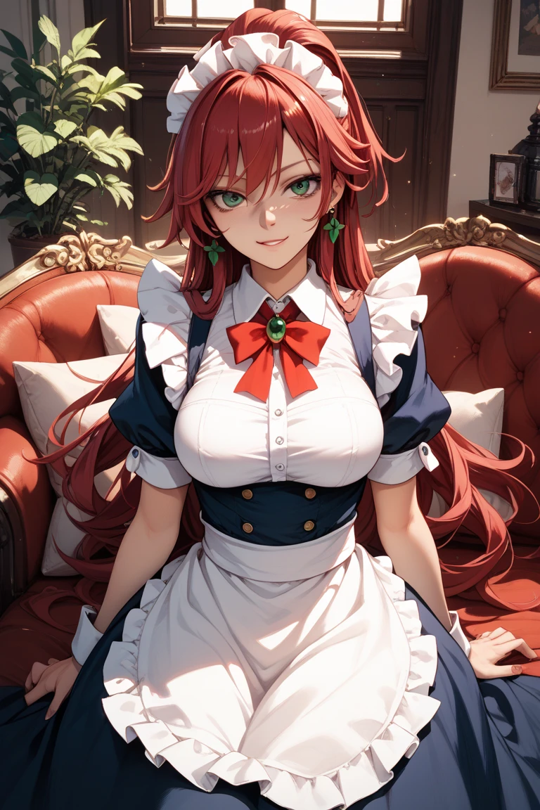 (Best quality, A high resolution, Textured skin, High quality, High details, High details,Extremely detailed CG unity), Enchanted,having fun,Being in love,housekeeper in fantasy world, crimson red hair, green eyes, exquisite costumes,solo person,long elegant dress, A small amount of lace,Dazzle, woman, beautiful, (maid), (house keeper), (in grand home), (luxurious house), house keeper female, more details, detailed home scene, home detailed, cleaning, maid cleaning