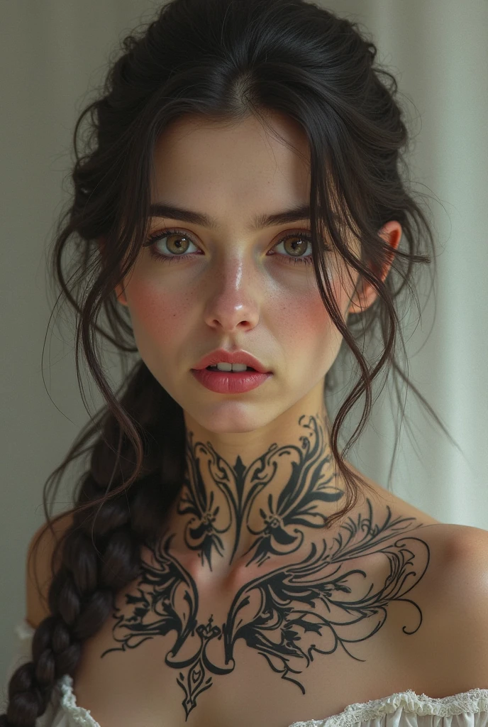 Modify the image of the woman by enhancing the color of her eyes, giving them a slightly greenish-yellow hue that appears natural and vibrant. The eyes should retain their realistic texture, with subtle variations in shade to create depth. Additionally, add a delicate sprinkling of light freckles across her cheeks and nose, ensuring they blend seamlessly with her skin tone. The overall aesthetic should remain consistent with the original image, maintaining a high level of realism. Keep the background clean and minimalistic, focusing on the woman's face and the enhancements made to her eyes and freckles. The image should be rendered in 8K resolution with detailed 3D effects to emphasize the natural beauty of the modifications.