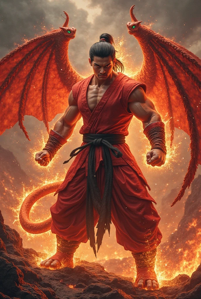 best quality, masterpiece, super high resolution, realism, illustrations, single, 1 boy, muscles, volumetric lighting, facial hair, simple background, hands behind you, kneeling on one knee, brush cut, demon man, barefoot, hands behind your back, red and sexy body, red wings on the back