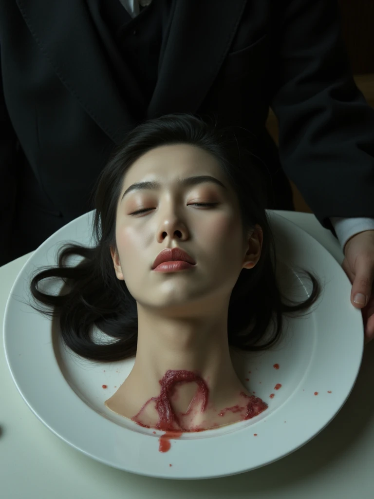 Human head being traded in a traditional market, on a top of table, human trafficking, bleeding, woman's head, agehao face, ((eyes closed)), bleeding, photorealistic, 4K, Nikon, horror, public market backgound, beautiful asian face, Crazy, horror, 17-year-old woman, naked with an apron full of blood, is behind a seated, bloody woman. The man has a machete, hyper realistic, realistic