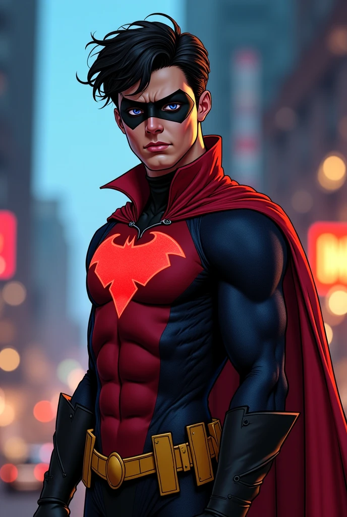 Comic scene,Batman ho laugh,he smile,his eye ITS bright red,his outfit is ripped,he pose,the background is destroyed city,His clothes were stained with blood