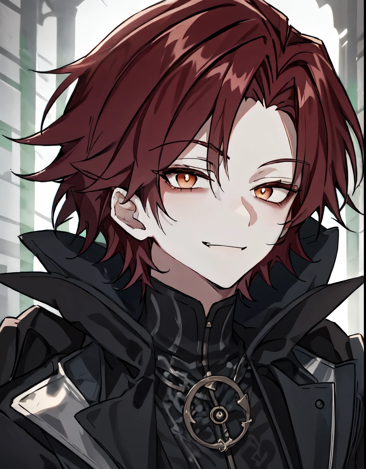 short silver hair, dark theme , 1 boy, pale skin, hollow eyes, white eyes ,red hair, spike,long hair, smile, evil smile, closed his mouth, Black