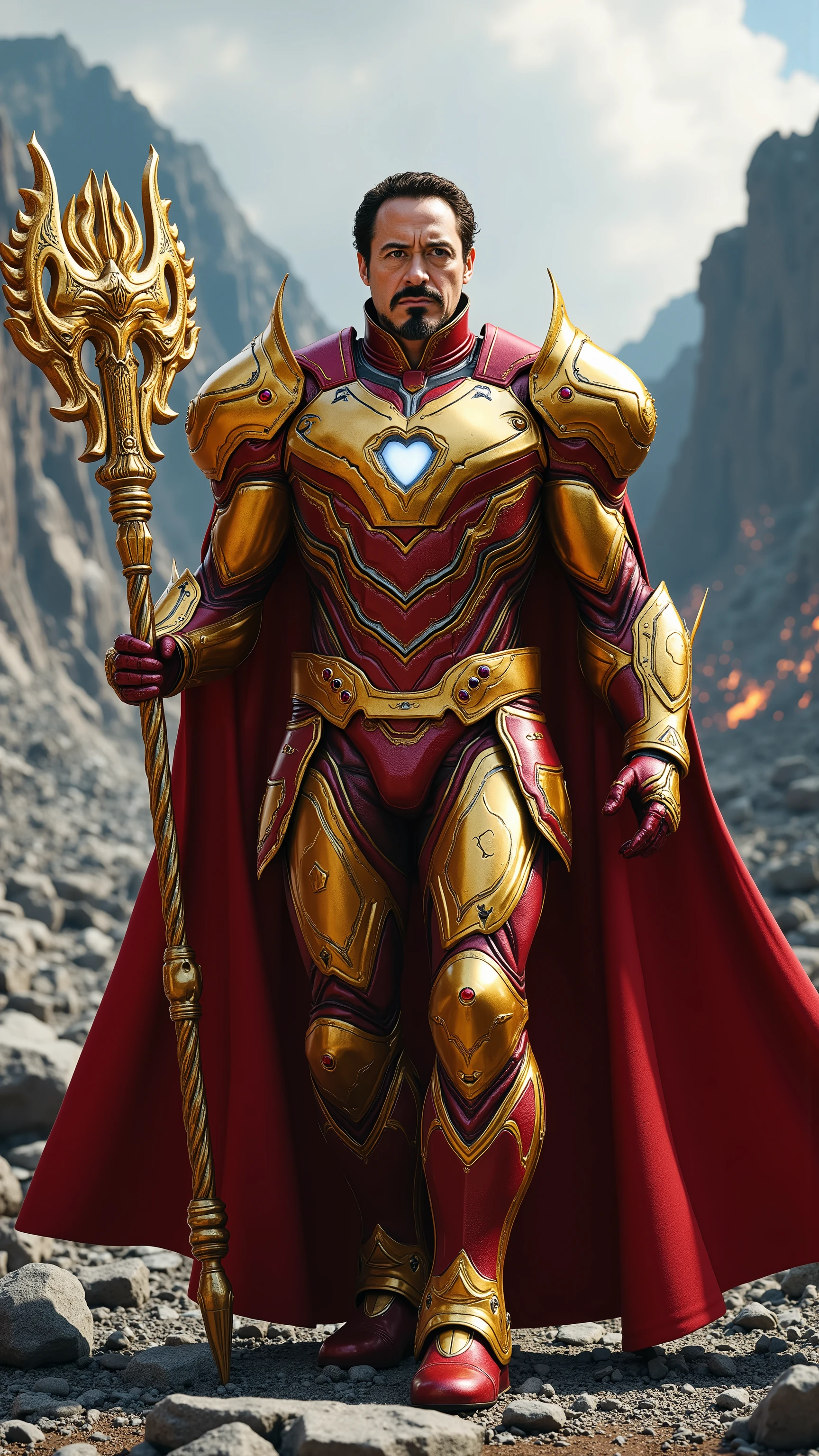Robert Downey Jr. reimagined as a majestic human-Aries hybrid walking and holding a golden war hammer, dramatic atmosphere, 1 male、
short, dark brown hair, sharp brown eyes, and well-defined facial features. Small, curved ram-like horns protrude from his forehead.
He wears ultra-luxurious armor crafted from polished gold and crimson metal, adorned with intricate engravings of flames, ram horns, and sharp geometric patterns. His breastplate features a central motif of a ram's head with ruby eyes, surrounded by flame-like designs. The pauldrons are shaped like curved ram horns, edged with platinum and decorated with small garnet inlays. A deep red velvet cloak, embroidered with gold flame patterns and Aries symbols, drapes over his shoulders, fastened by a brooch shaped like the Aries symbol encircled by a ring of fiery metalwork. His gauntlets and boots are decorated with flame motifs, combining gold and red metal with sharp, angular designs.
In his hand, he holds a massive golden war hammer, its shaft wrapped in dark red leather and adorned with carved patterns of ram horns and fire. The hammer's head features embossed flames and a ram's head, with sharp, silver-edged metalwork.
Shows his male character's full figure, athletic body, perfect face, full body, extremely beautiful, male shape, and perfect anatomy. The background features a rugged volcanic landscape with jagged rocks, streams of molten lava, and sharp, dark stone formations. The sky is clear, with the sunlight casting bright, dynamic shadows across the rocky terrain. The sunny day, photorealistic, masterpiece, realistic, high contrast, 8k, HD, high definition detailed, detailed, hyper detailed, realistic skin texture, best quality, ultra high resolution, hyper realistic, no text, very detailed eyes, dramatic lighting