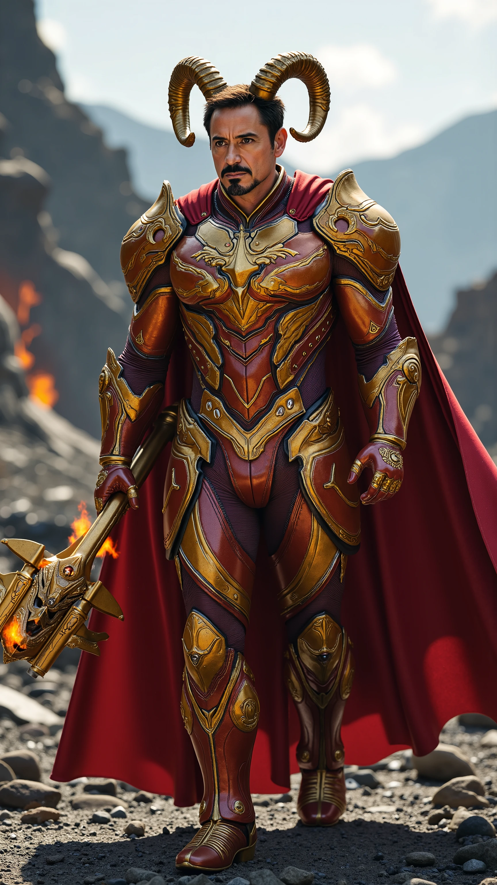 Robert Downey Jr. reimagined as a majestic human-Aries hybrid walking and holding a golden war hammer, dramatic atmosphere, 1 male、
short, dark brown hair, sharp brown eyes, and well-defined facial features. Small, curved ram-like horns protrude from his forehead.
He wears ultra-luxurious armor crafted from polished gold and crimson metal, adorned with intricate engravings of flames, ram horns, and sharp geometric patterns. His breastplate features a central motif of a ram's head with ruby eyes, surrounded by flame-like designs. The pauldrons are shaped like curved ram horns, edged with platinum and decorated with small garnet inlays. A deep red velvet cloak, embroidered with gold flame patterns and Aries symbols, drapes over his shoulders, fastened by a brooch shaped like the Aries symbol encircled by a ring of fiery metalwork. His gauntlets and boots are decorated with flame motifs, combining gold and red metal with sharp, angular designs.
In his hand, he holds a massive golden war hammer, its shaft wrapped in dark red leather and adorned with carved patterns of ram horns and fire. The hammer's head features embossed flames and a ram's head, with sharp, silver-edged metalwork.
Shows his male character's full figure, athletic body, perfect face, full body, extremely beautiful, male shape, and perfect anatomy. The background features a rugged volcanic landscape with jagged rocks, streams of molten lava, and sharp, dark stone formations. The sky is clear, with the sunlight casting bright, dynamic shadows across the rocky terrain. The sunny day, photorealistic, masterpiece, realistic, high contrast, 8k, HD, high definition detailed, detailed, hyper detailed, realistic skin texture, best quality, ultra high resolution, hyper realistic, no text, very detailed eyes, dramatic lighting