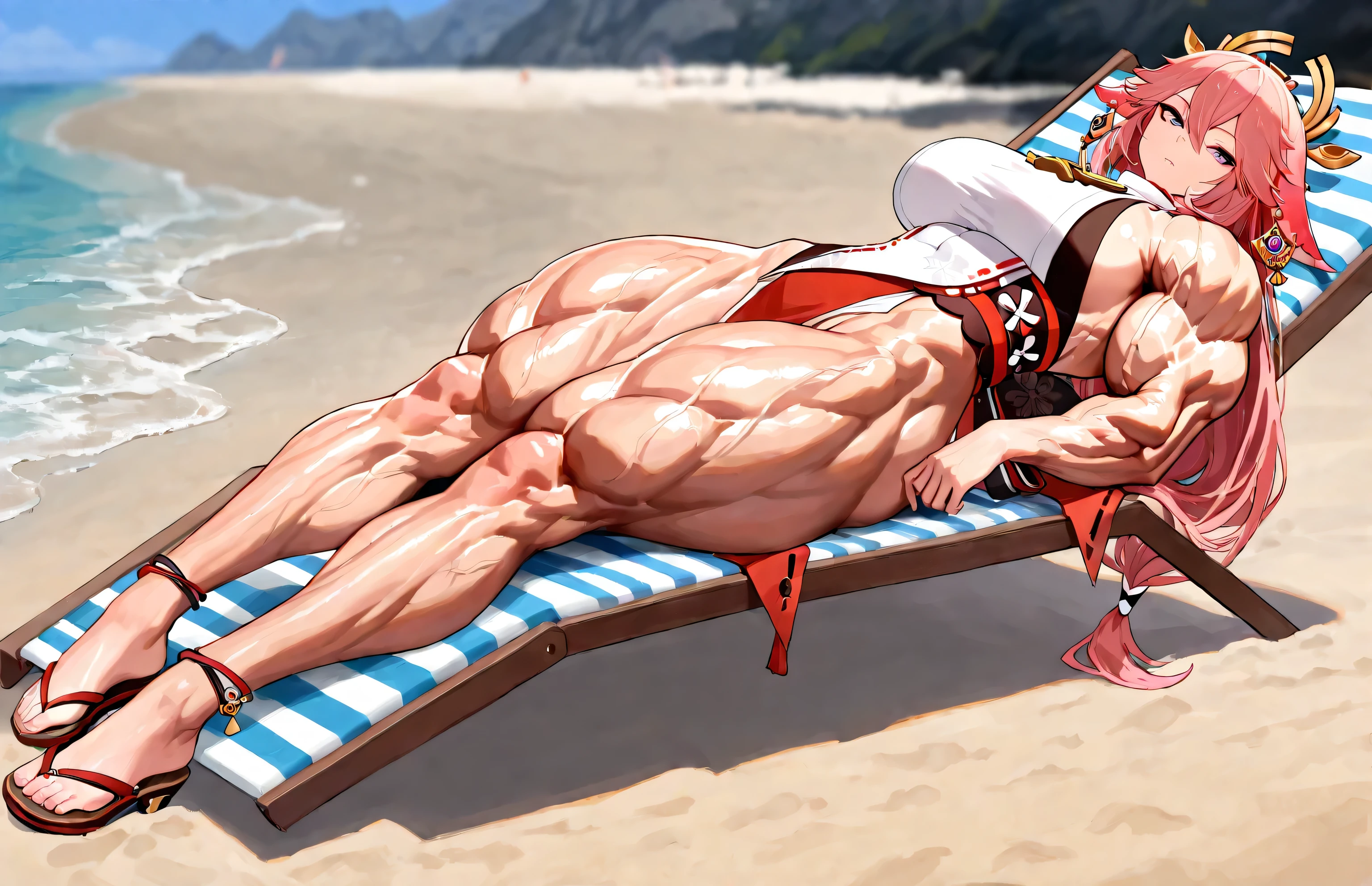 (masterpiece), best quality, expressive eyes, perfect face, 1 boy, Muscular, abs, nylon red compression t-shirt, red thong