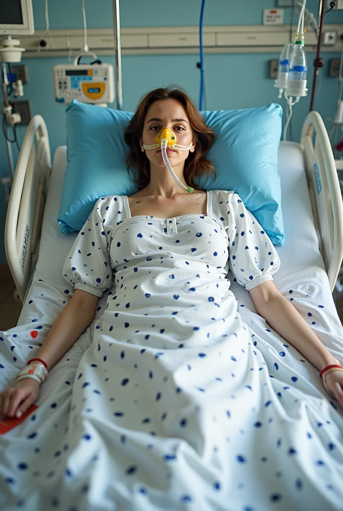 hospital ward, detailed photo, quadriplegic blonde woman on wheelchair, head support, eyes open, wide shot, head harness, neck brace, assisted breathing, respirator, leg braces, back braces, orthopedics, cervical back brace, drip, limp arms, pregnant, grey leggings, white socks, medical photography