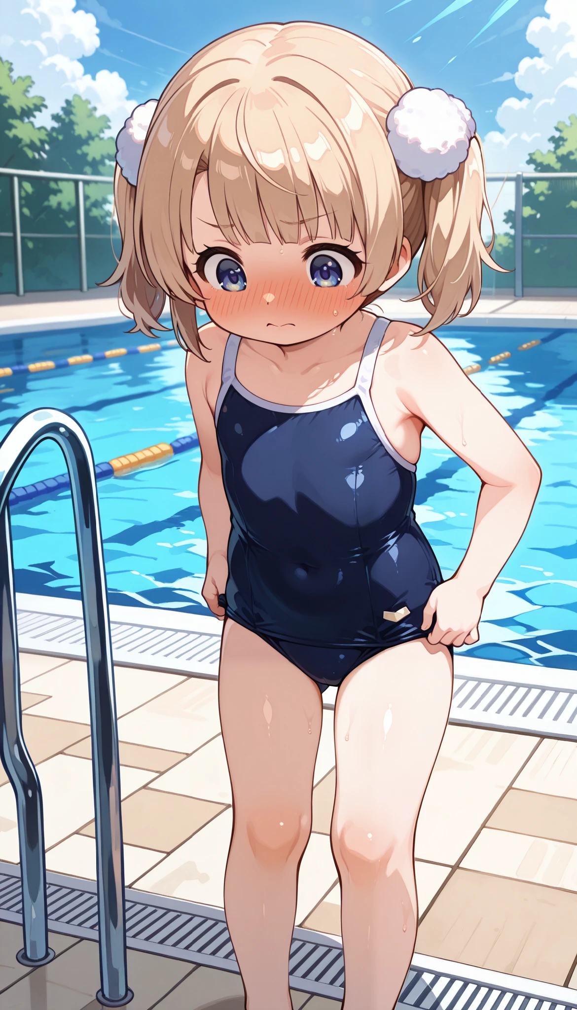 1girl,Ui shigure(younger),score_9, score_8_up, score_7_up, score_6_up, score_5_up, score_4_up, (full eyes:1.1), deep skin, glistening skin, skindentation, ddler body,( tiny:1.0), (curvy:1.0), (cute eyes:1.0),flat chest, BREAK , (looking at another:1.0), outdoors, Poolside, full-face blush, (navel:1.0),open mouth,looking down,shiny skin ,closed mouth,standing,arms behind,old style school swimsuit