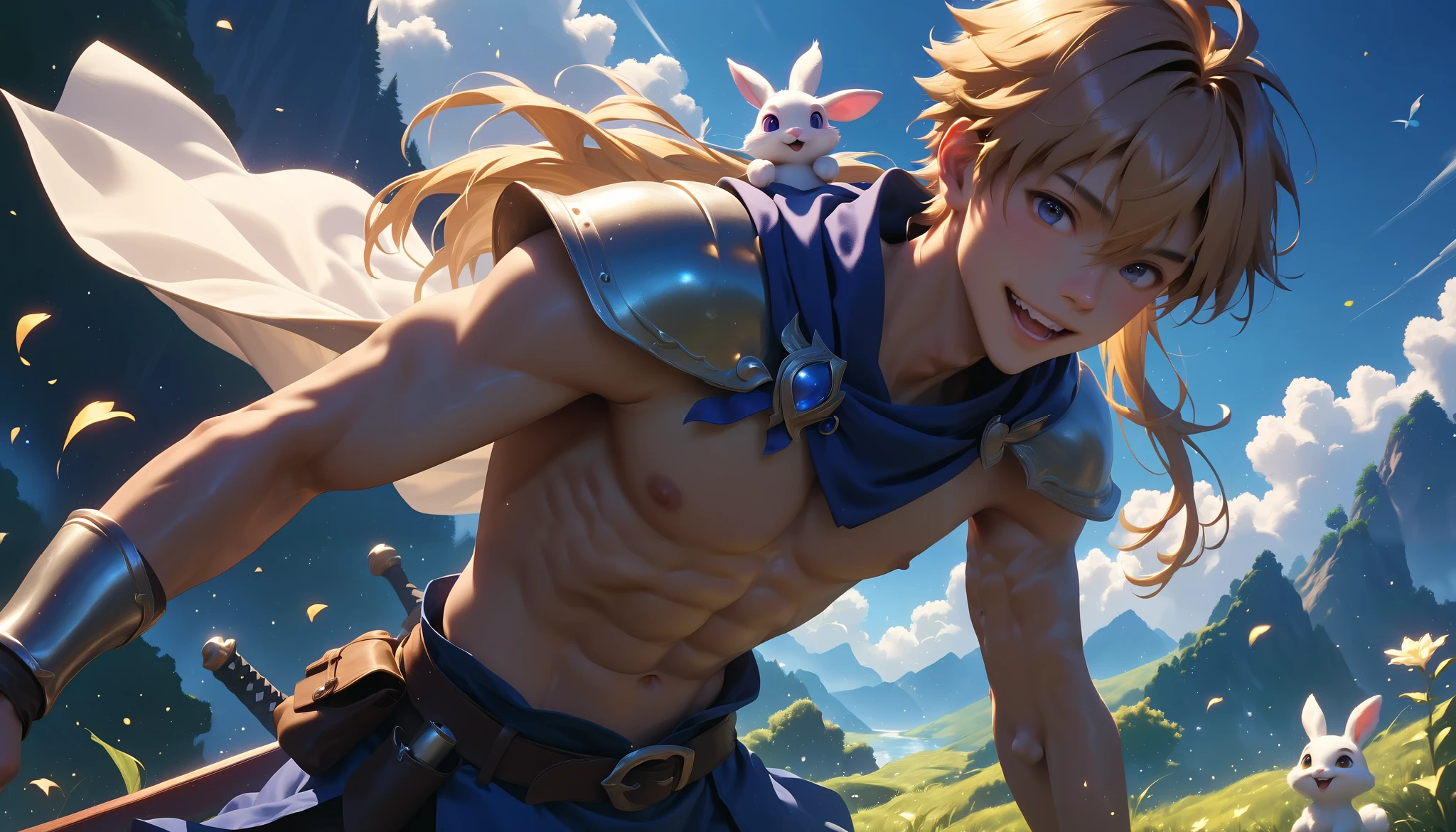 a skinny boy, younger than aged 20 old, with splendid long blond hair, he is tanned, with a sweet facial expression, he is in an enchanted forest dressed like a fantasy archer warrior with an happy white bunny near him, he is naked, hairless body, slim abs, he is showing his slim body, he is wearing a light archer armour with a bow in his hand, while he see a golden sunset over the stunning mountains covered by dark clouds with fantasy bufferflies around