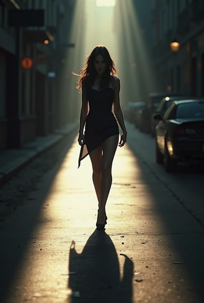 full body photo, beautiful redhead, 25 years old, wearing a black pencil dress standing, hourglass figure, Christian Louboutin shoes, posing on an empty street, night sky, clipping light behind the model, ultra realistic photography, studio photography, 32k, ultra quality