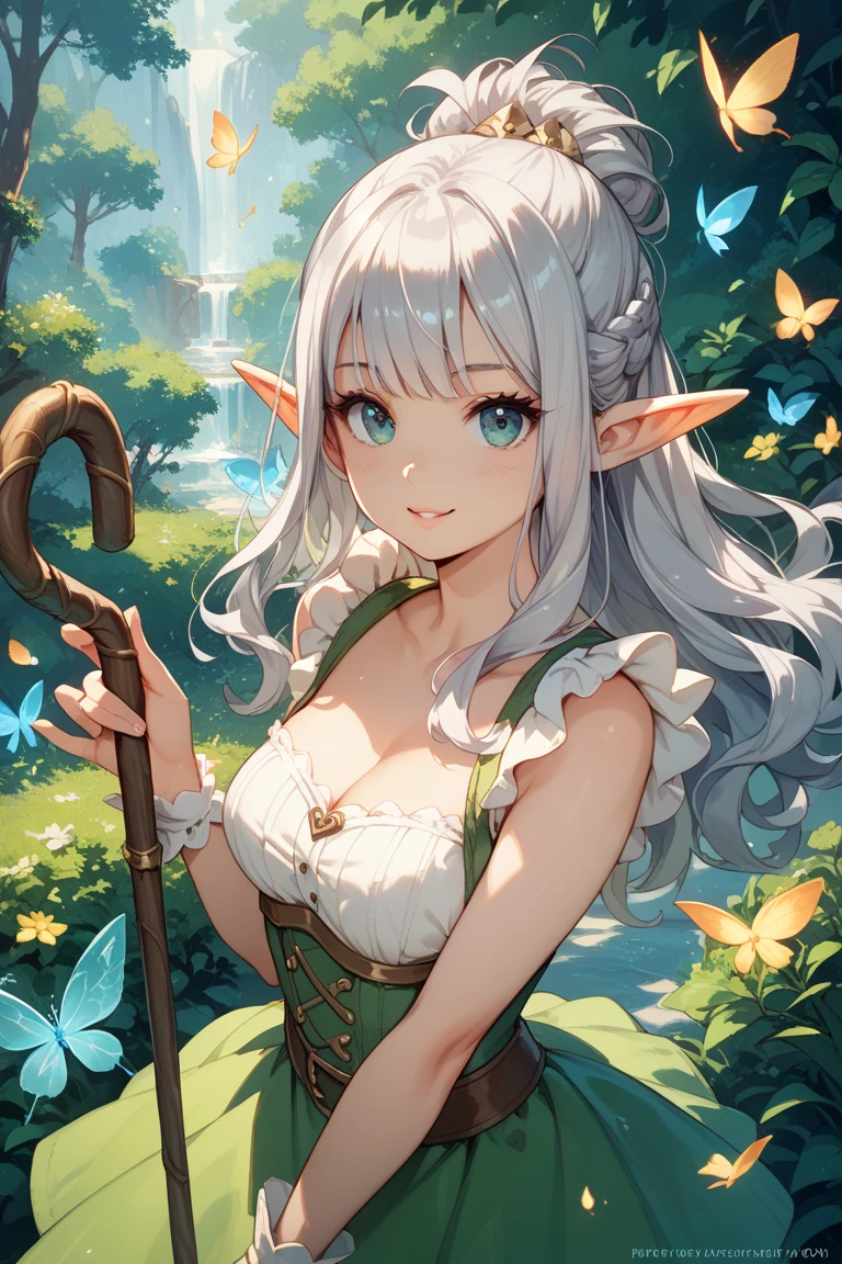 Beautiful lolka elf-half ogre with long silver hair and green eyes medium breasts and a two-handed hammer UHD, textured skin, super detail, high details, high quality,