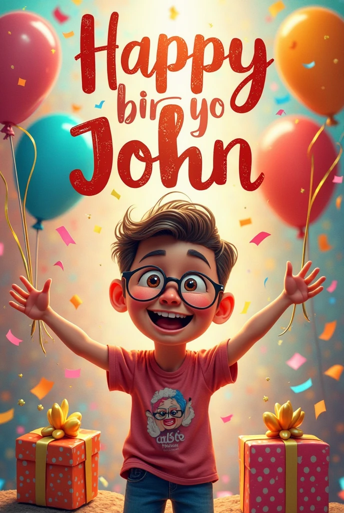 Birthday poster with balloons and decorations with a portrait of a kid and his name "Joel" below the portrait 