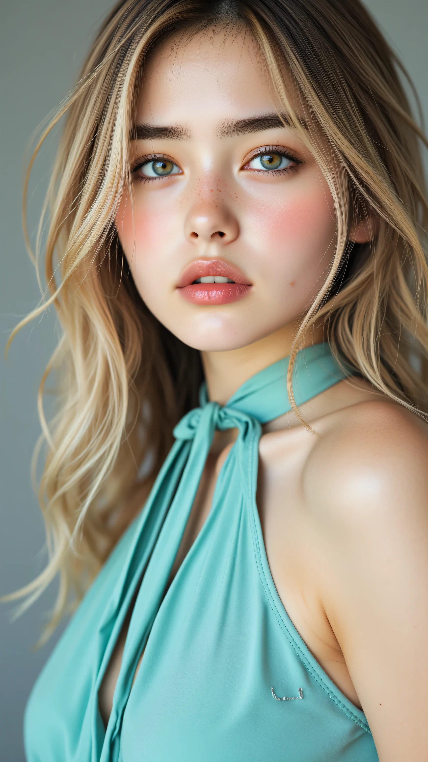 8k, Masterpiece, Top Quality, Close-up, frontal, blonde, fair-skinned, neutral, serious, light-blue, gray-blue eyes, minimal makeup, turquoise, halter-neck, gathered bodice, high neckline, zig-zag pattern, satin, smooth, light turquoise, solid, complementary.