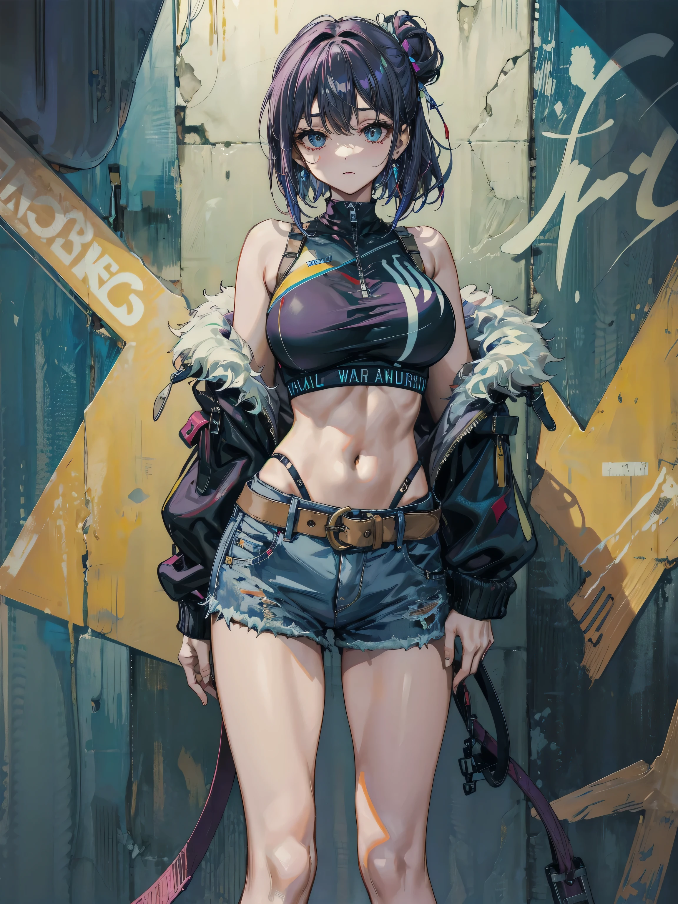 A captivating anime scene featuring a middle-aged woman with fair skin, dark hair styled in a high ponytail with striking yellow bangs. She dons an eye-catching ensemble: an orange and white outfit consisting of a sleeveless crop top, shorts, a white belt with a yellow strap, thigh-high socks, and white shoes with orange accents. Her attire is completed by brown leather-style fingerless gloves and an orange wristband. She carries an orange bag with yellow straps slung over her right shoulder and wields a futuristic white gun in her left hand. Notably, she sports a white legging on her left leg that seamlessly blends with her shorts, creating a unique and stylish look.